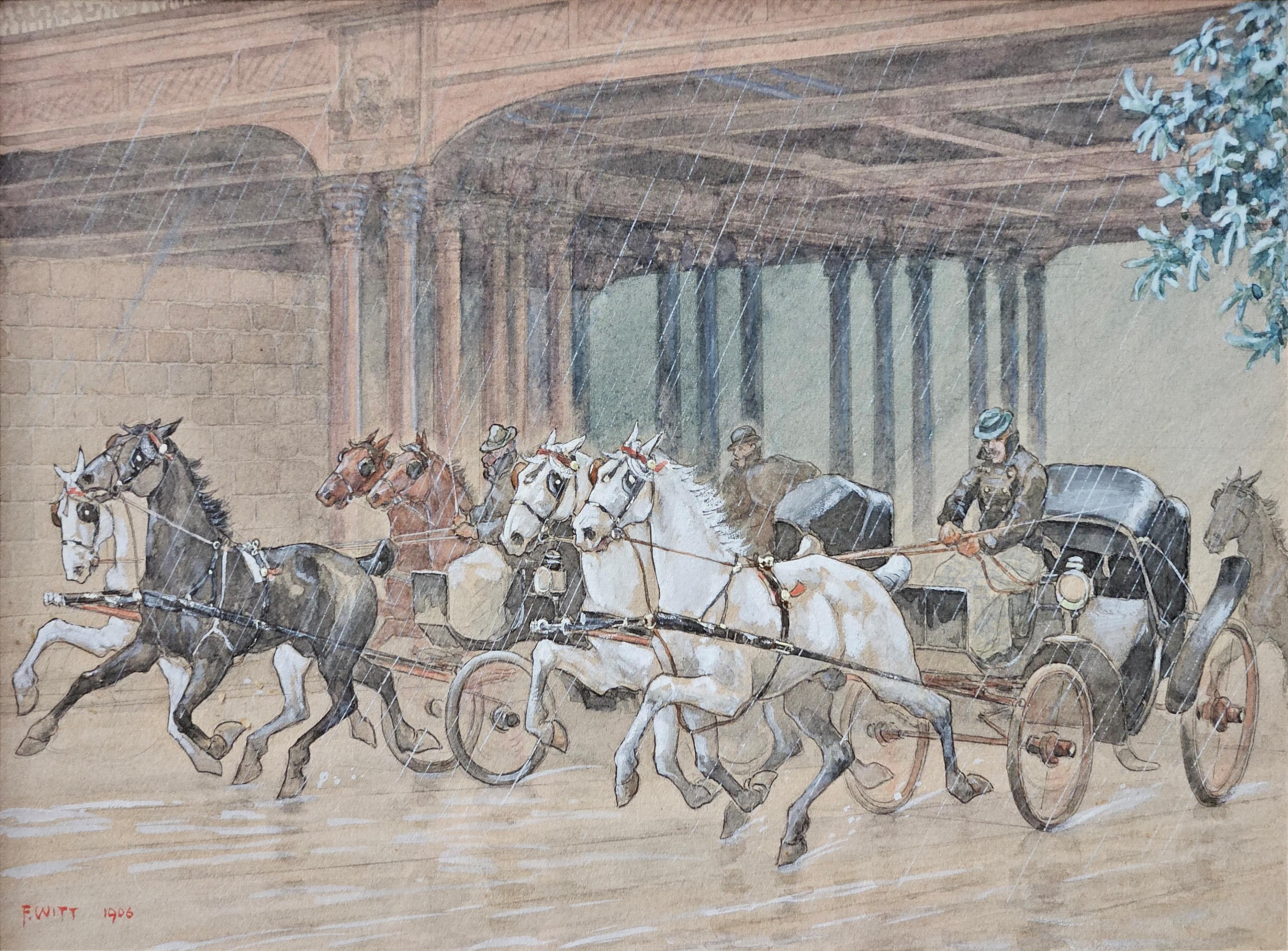 Two-horse and one-horse cariage races, signed Franz Witt (Schloß Mähren 1864 - ?).
Pencil, watercolor, opaque white on cardboard.
28 cm x 18 cm
