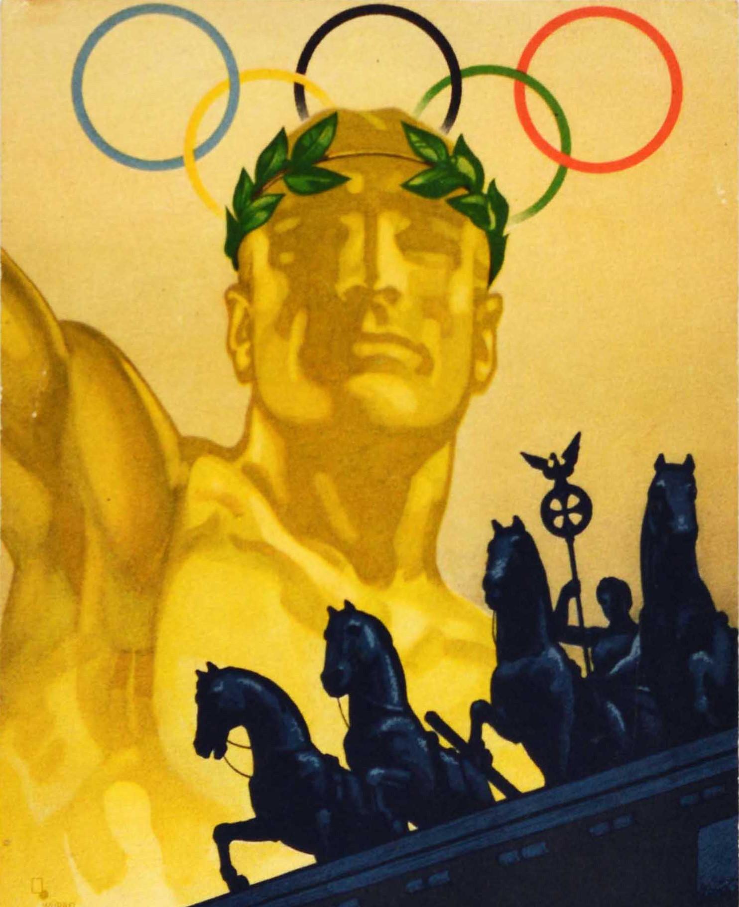 Original Vintage Olympic Games Poster - 1936 Berlin Olympics - Brandenburg Gate - Yellow Print by Franz Würbel