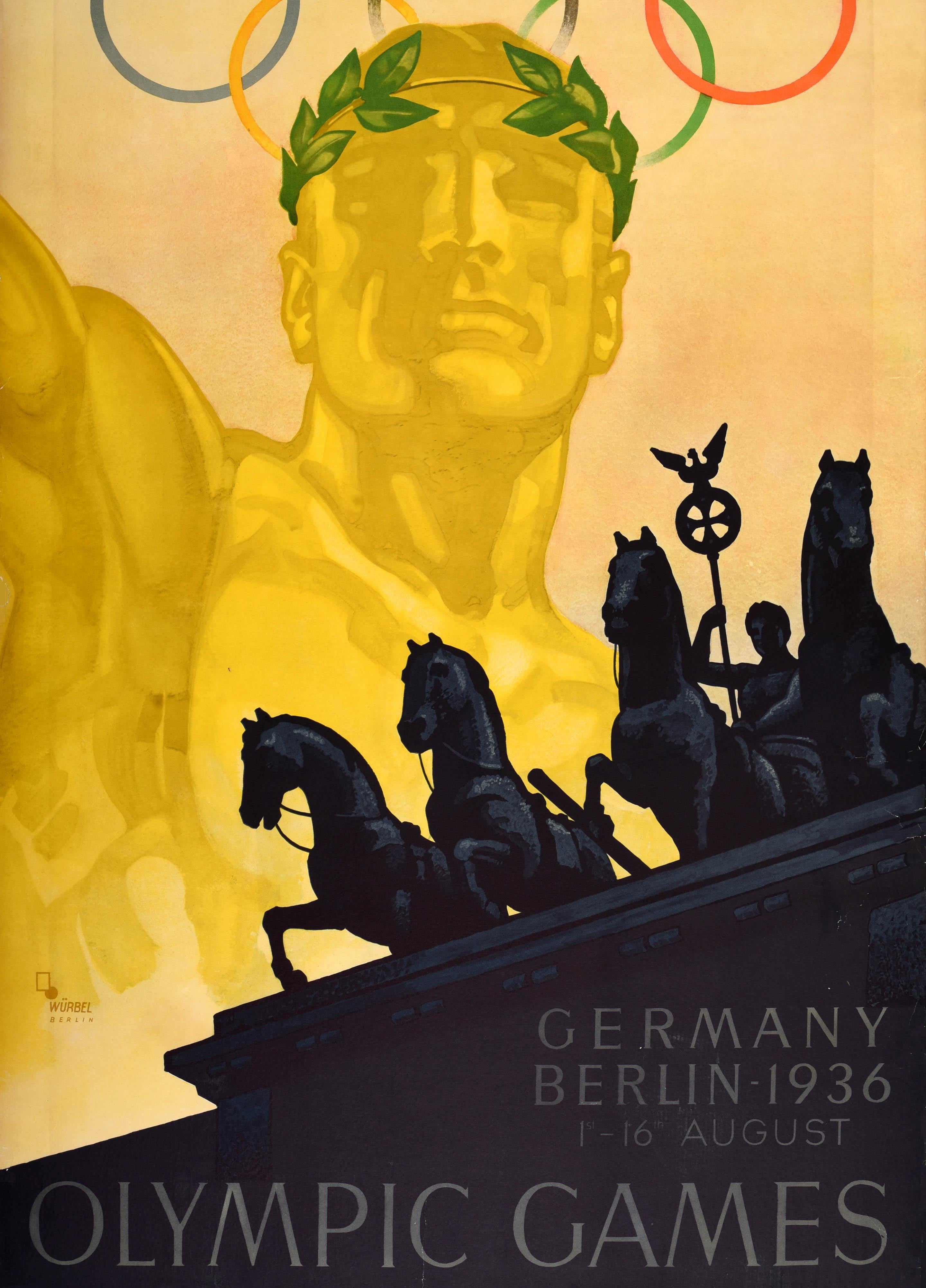 Cartel original de época de los Juegos Olímpicos de Verano de 1936, celebrados en Berlín del 1 al 16 de agosto, publicado por la Oficina Central de Tráfico Turístico de los Ferrocarriles Alemanes y el Comité de Propaganda de los Juegos Olímpicos.