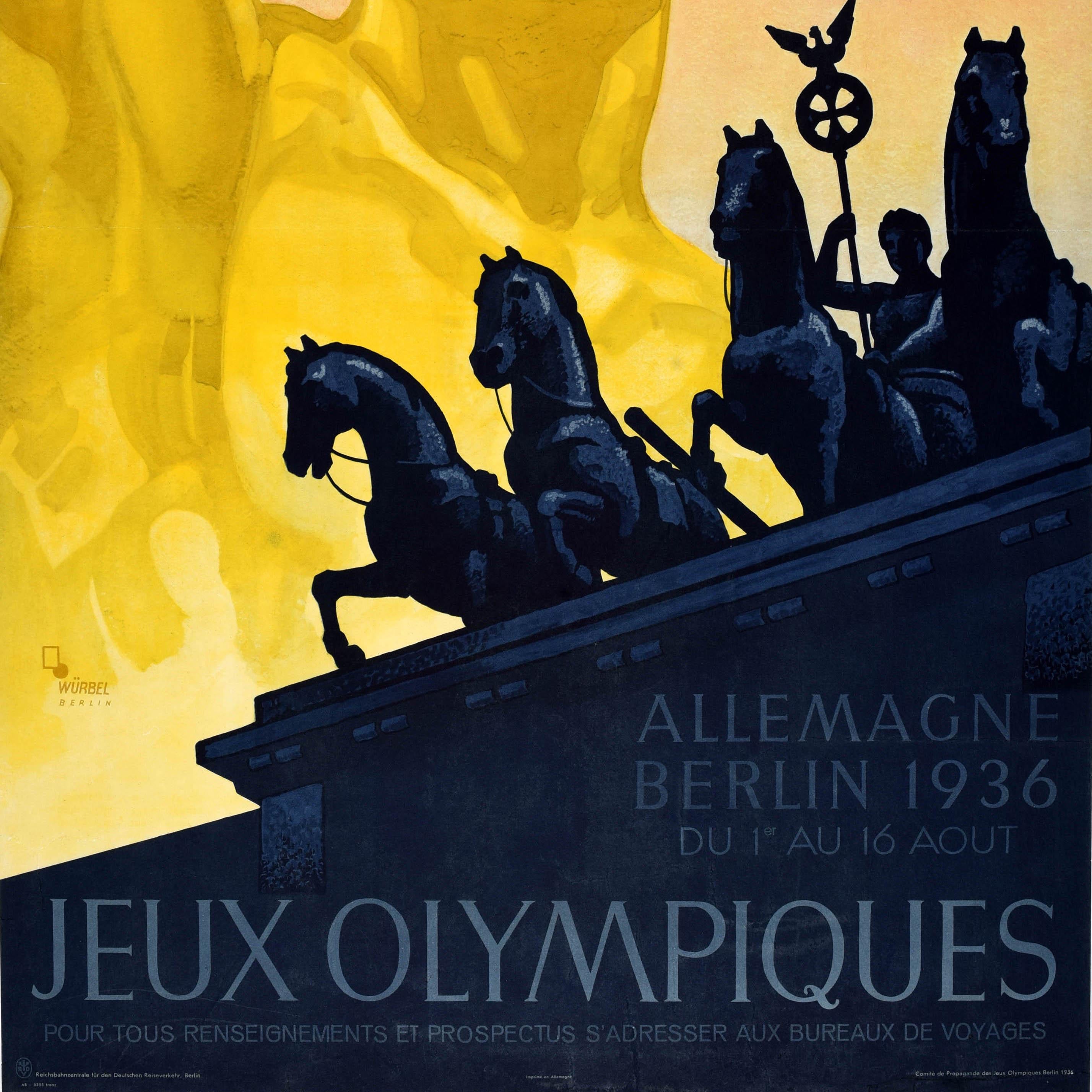 Affiche originale vintage des Jeux Olympiques d'été pour les Jeux Olympiques de 1936 qui se sont déroulés à Berlin du 1er au 16 août, publiée par l'Office central des chemins de fer allemands pour le trafic touristique et le Comité de propagande