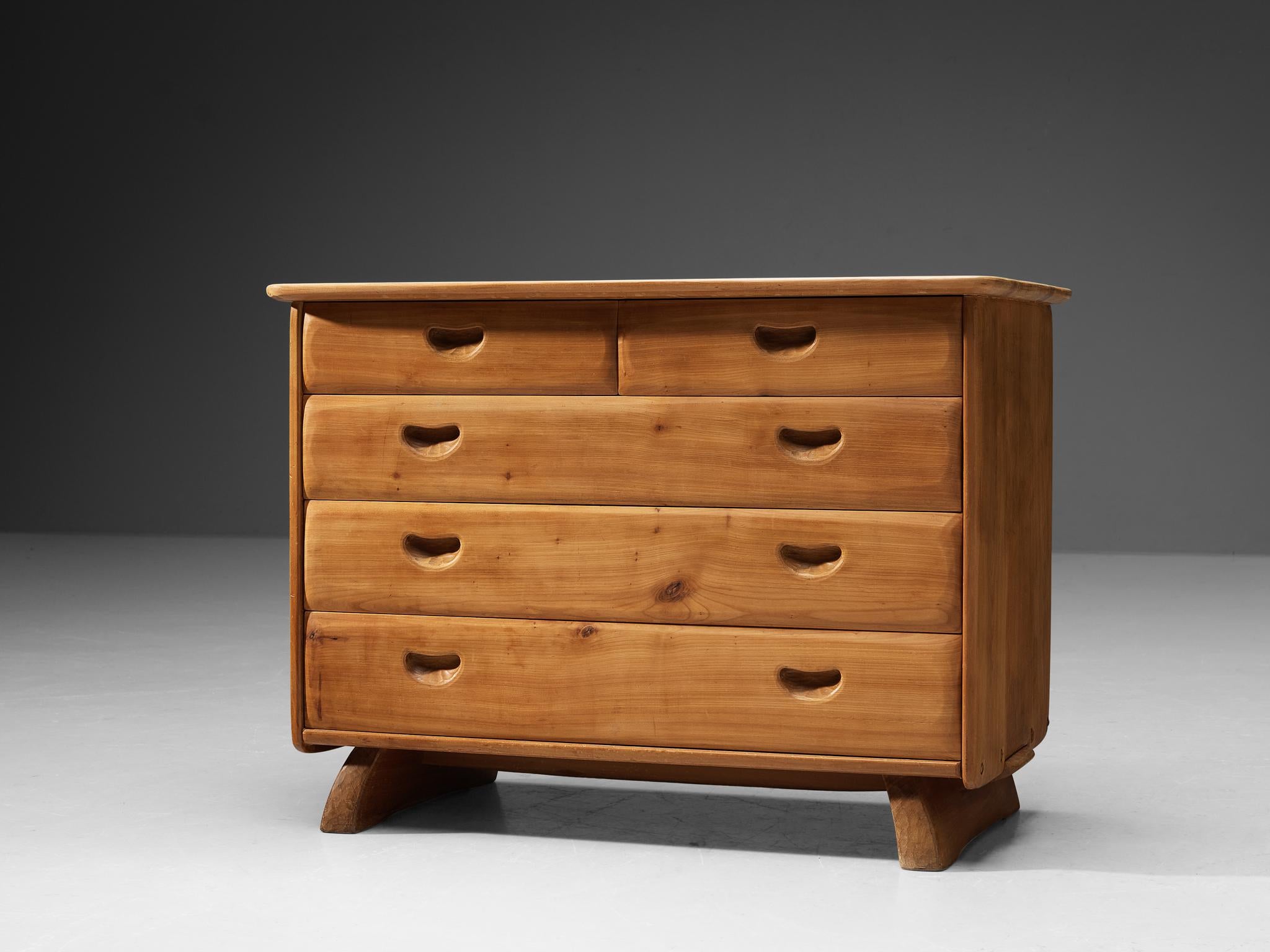 Franz Xaver Sproll, chest of drawers, elm, Switzerland, 1960s 

Swiss furniture maker Franz Xaver Sproll is known for high-quality, hand-crafted furniture in solid wood, featuring characteristic details. This chest of drawers, par example, shows