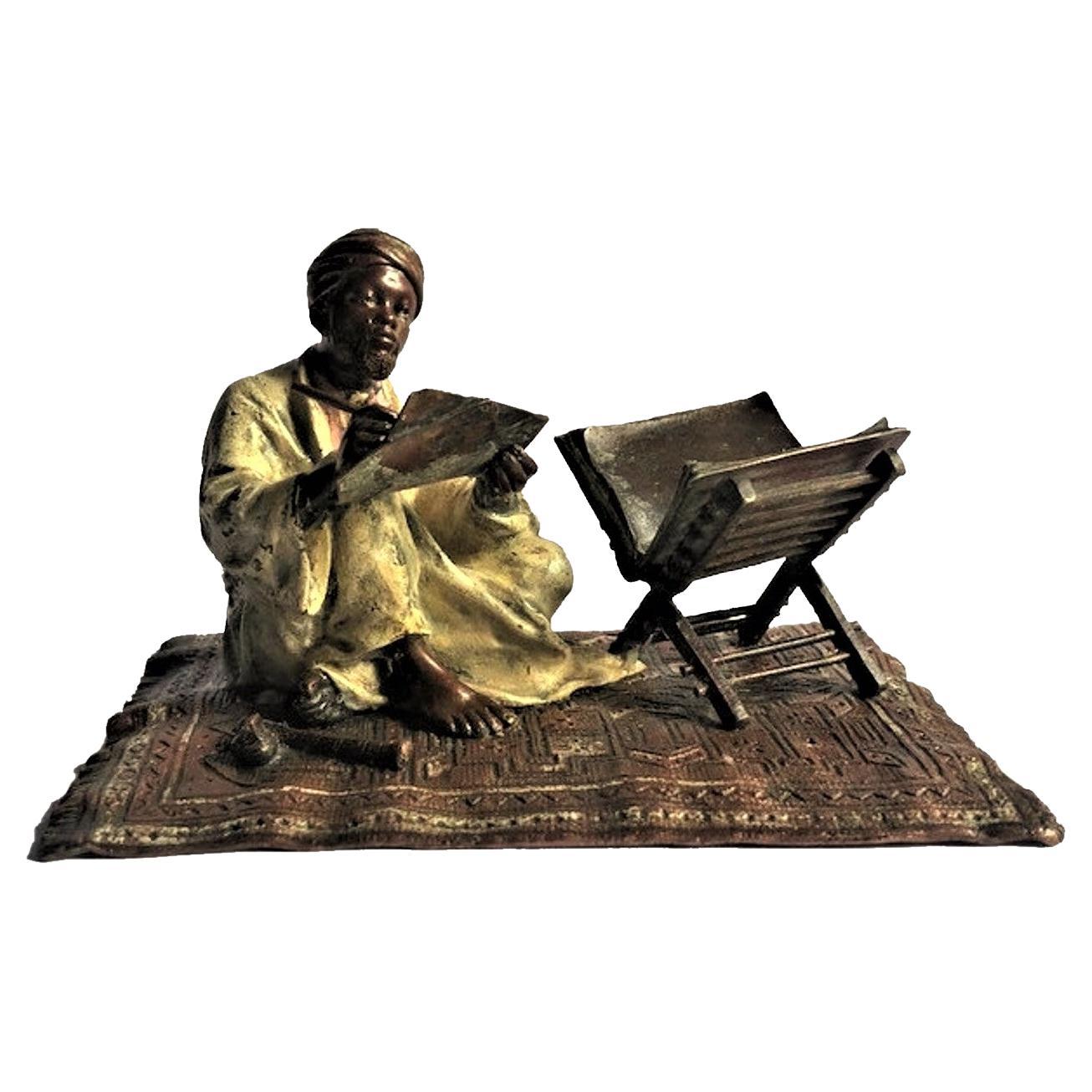 Franz Xaver Bergmann, Koran Scribe, Vienna Bronze Sculpture, Ca. 1900 For Sale