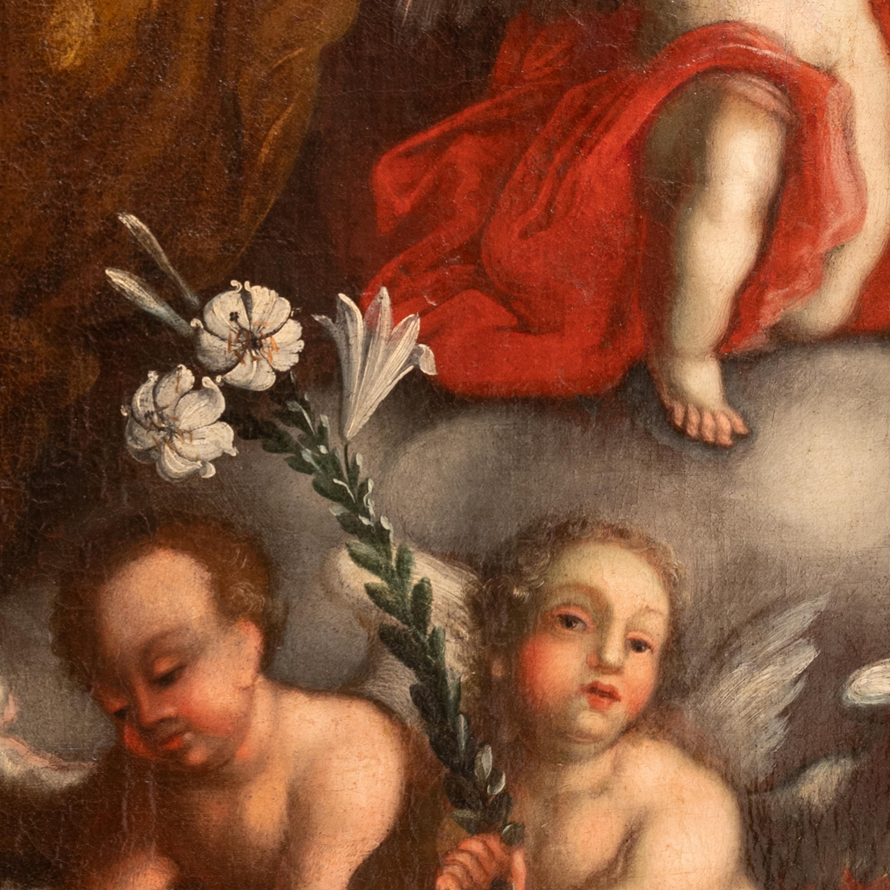 Pittura su tela barocca austriaca antica Architettura Allegoria Cherubini in vendita 5