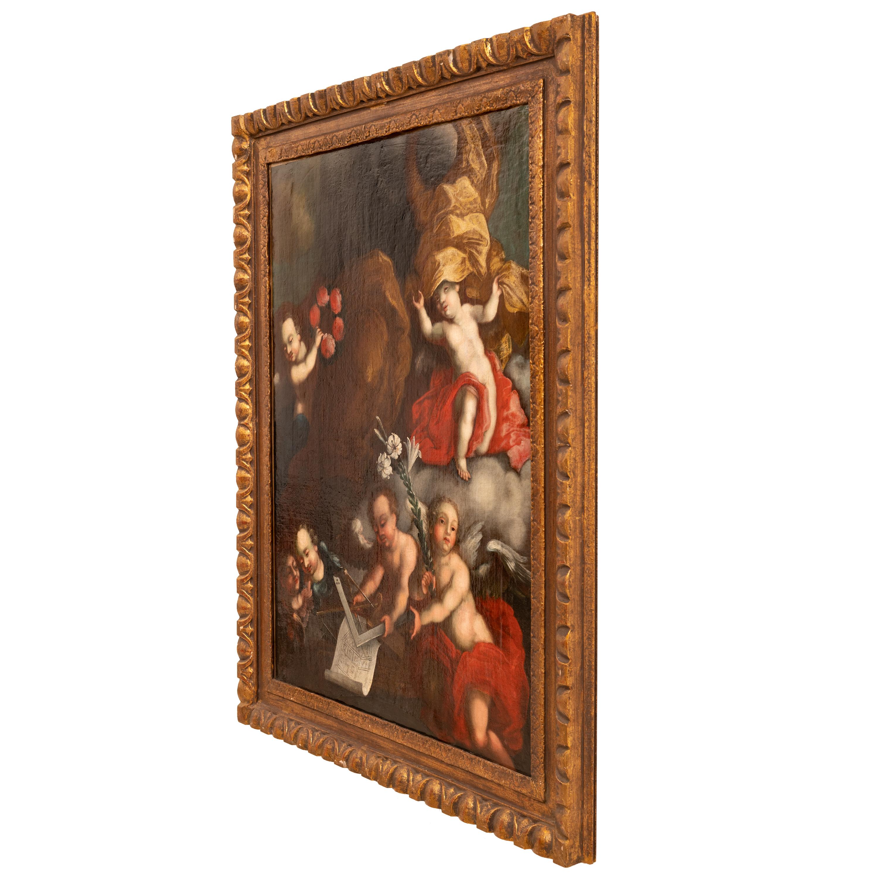 Pittura su tela barocca austriaca antica Architettura Allegoria Cherubini in vendita 6
