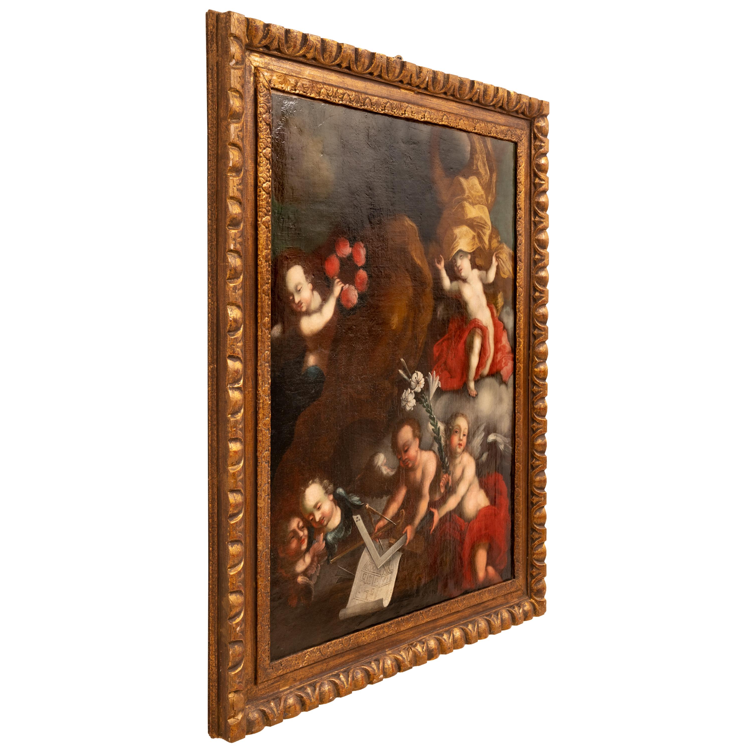 Pittura su tela barocca austriaca antica Architettura Allegoria Cherubini in vendita 7