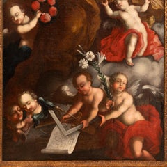 Austrian Old Master Baroque Oil Canvas Painting Architecture Allegory Cherubs
