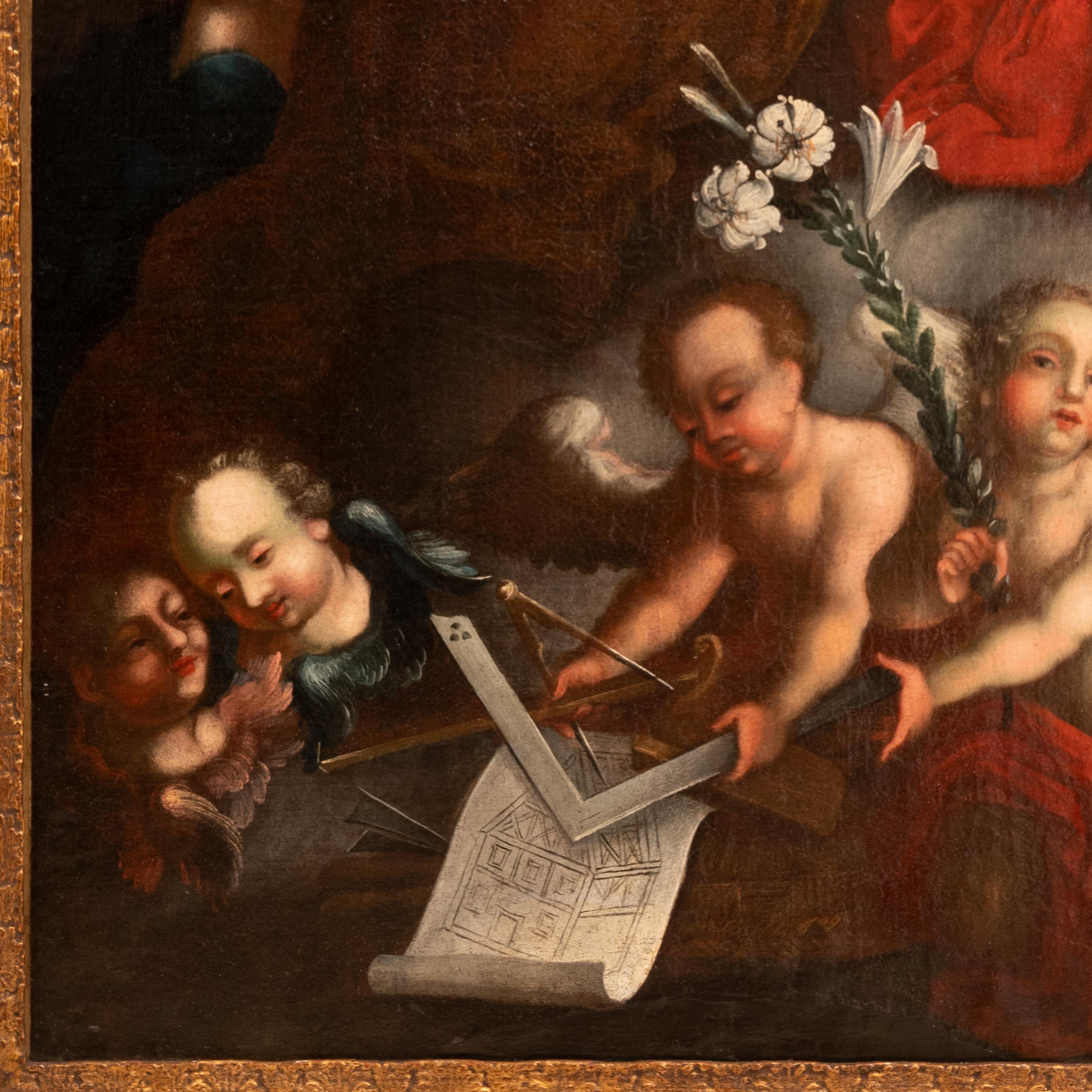 Pittura su tela barocca austriaca antica Architettura Allegoria Cherubini in vendita 2