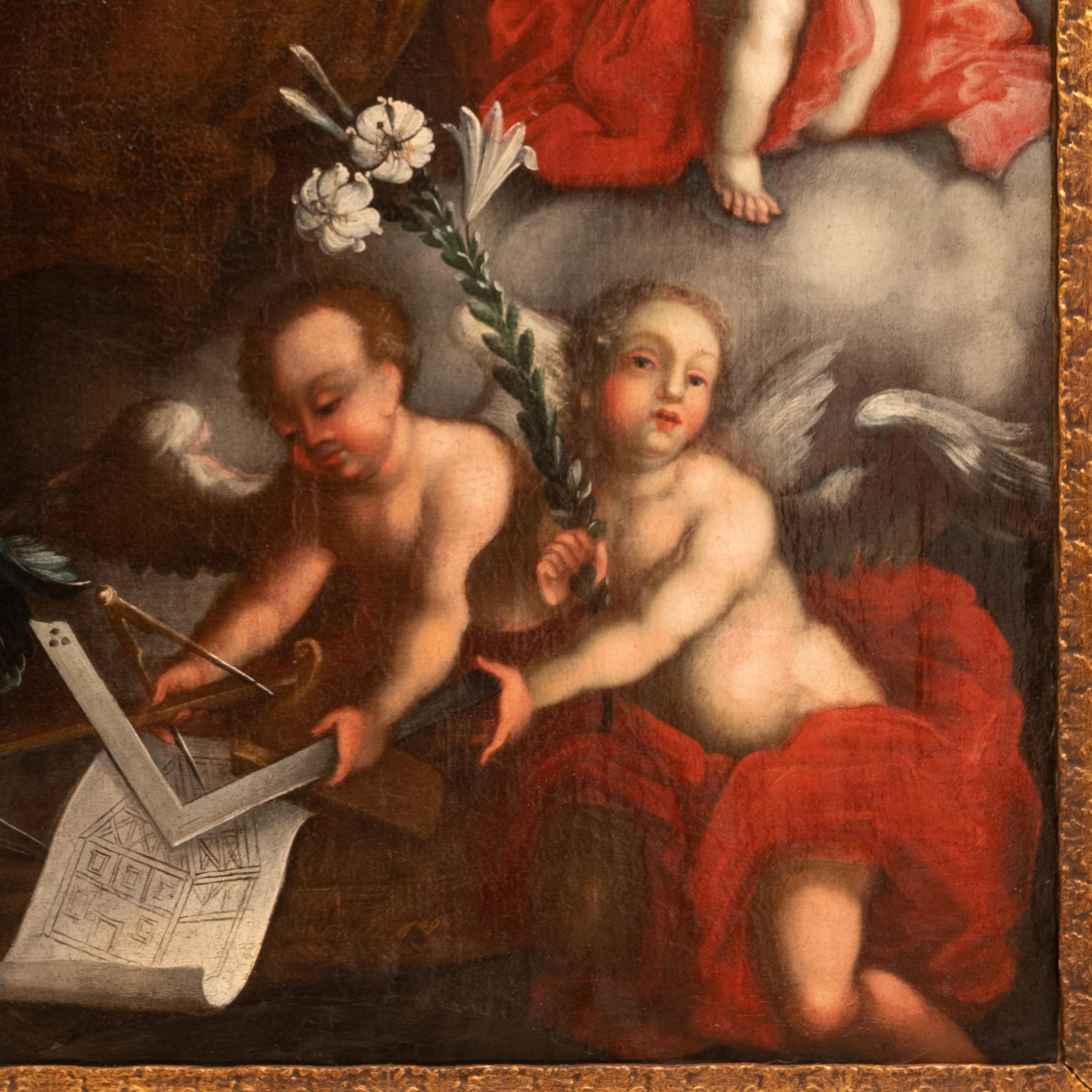 Pittura su tela barocca austriaca antica Architettura Allegoria Cherubini in vendita 3
