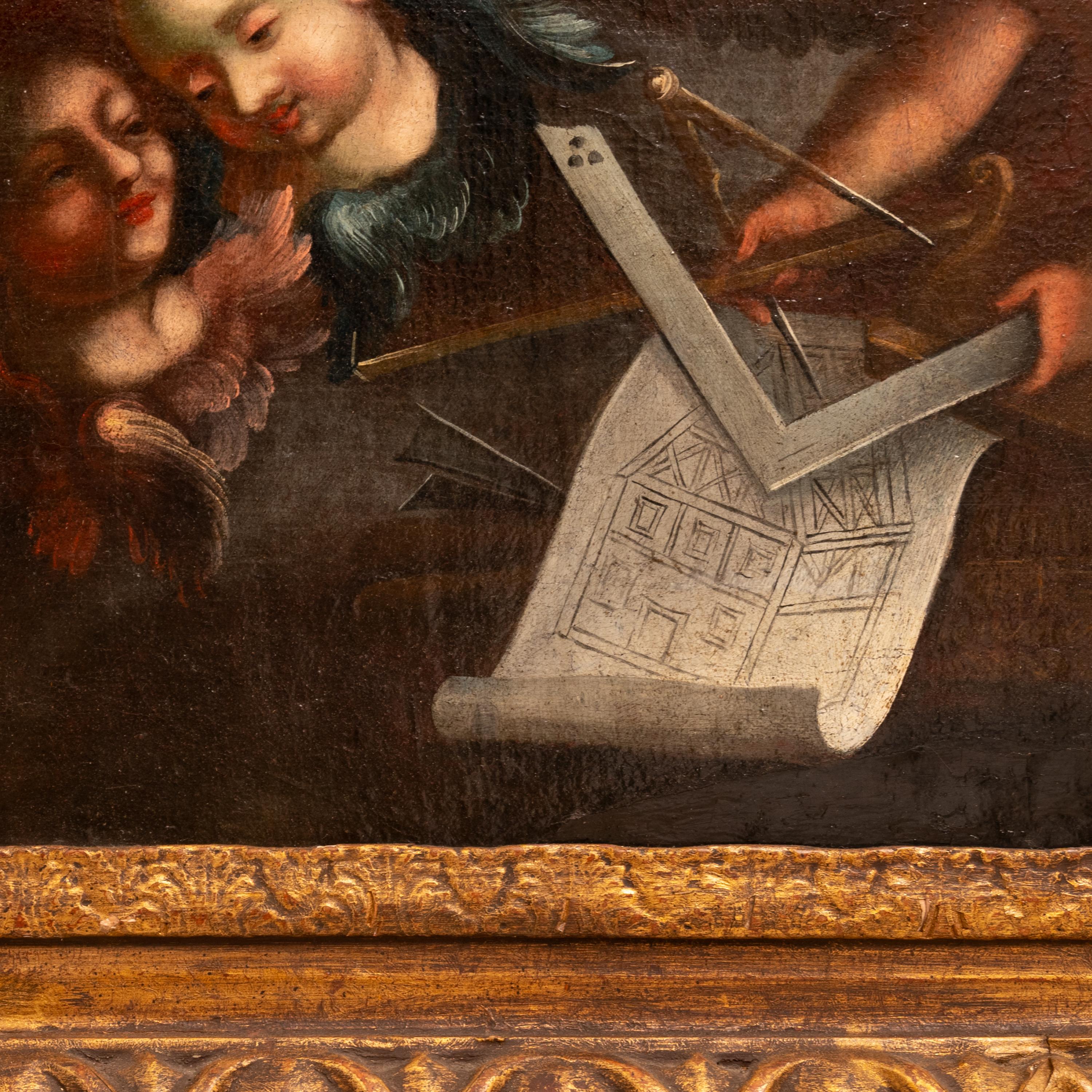 Pittura su tela barocca austriaca antica Architettura Allegoria Cherubini in vendita 4