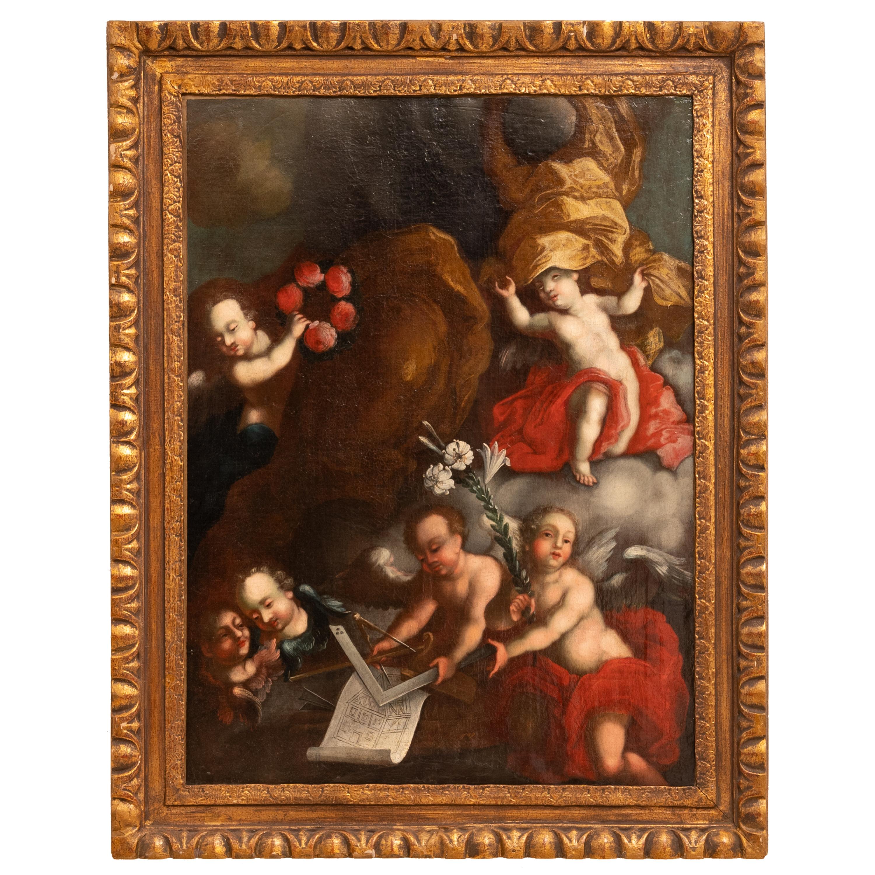 Pittura su tela barocca austriaca antica Architettura Allegoria Cherubini