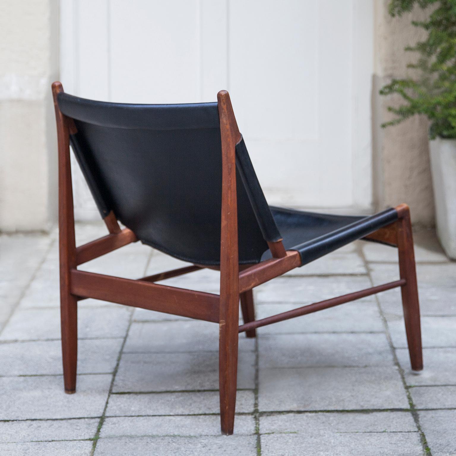 Mid-Century Modern Franz Xaver Lutz Black Leather Chimney Chair, Germany, 1958