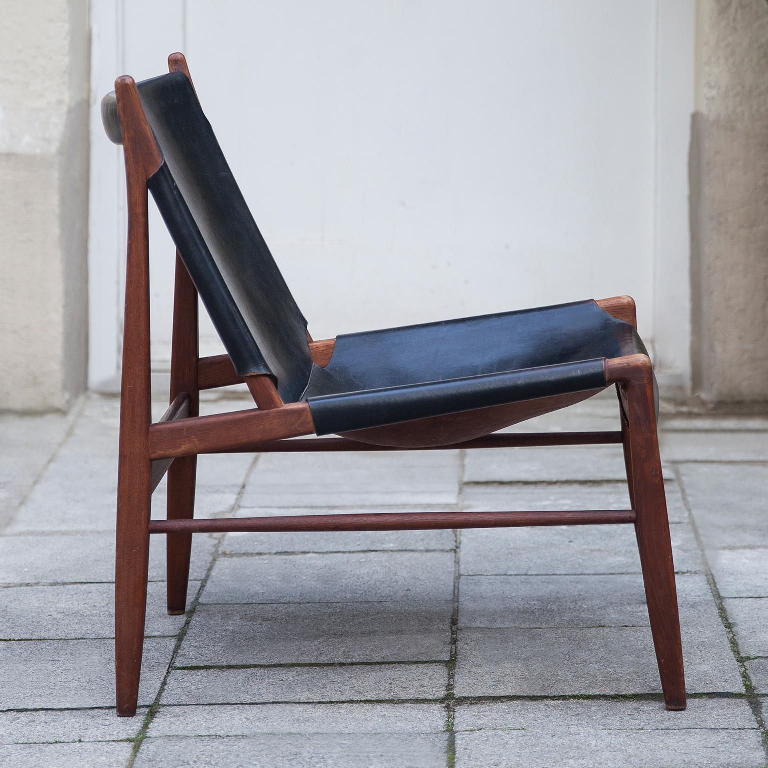 Mid-20th Century Franz Xaver Lutz Black Leather Chimney Chair, Germany, 1958