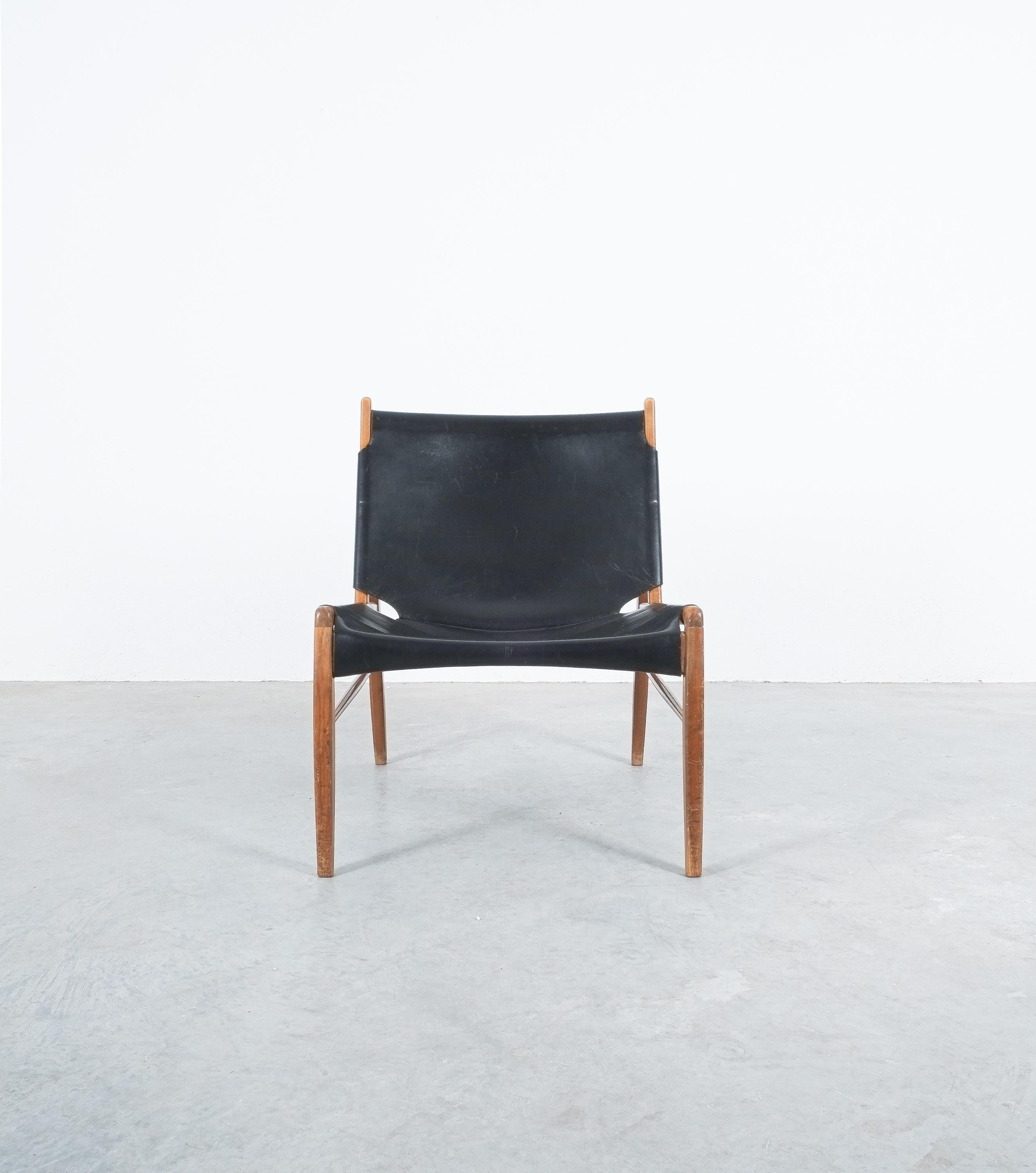 Mid-Century Modern Franz Xaver Lutz Chimney Chair with Black Original Leather