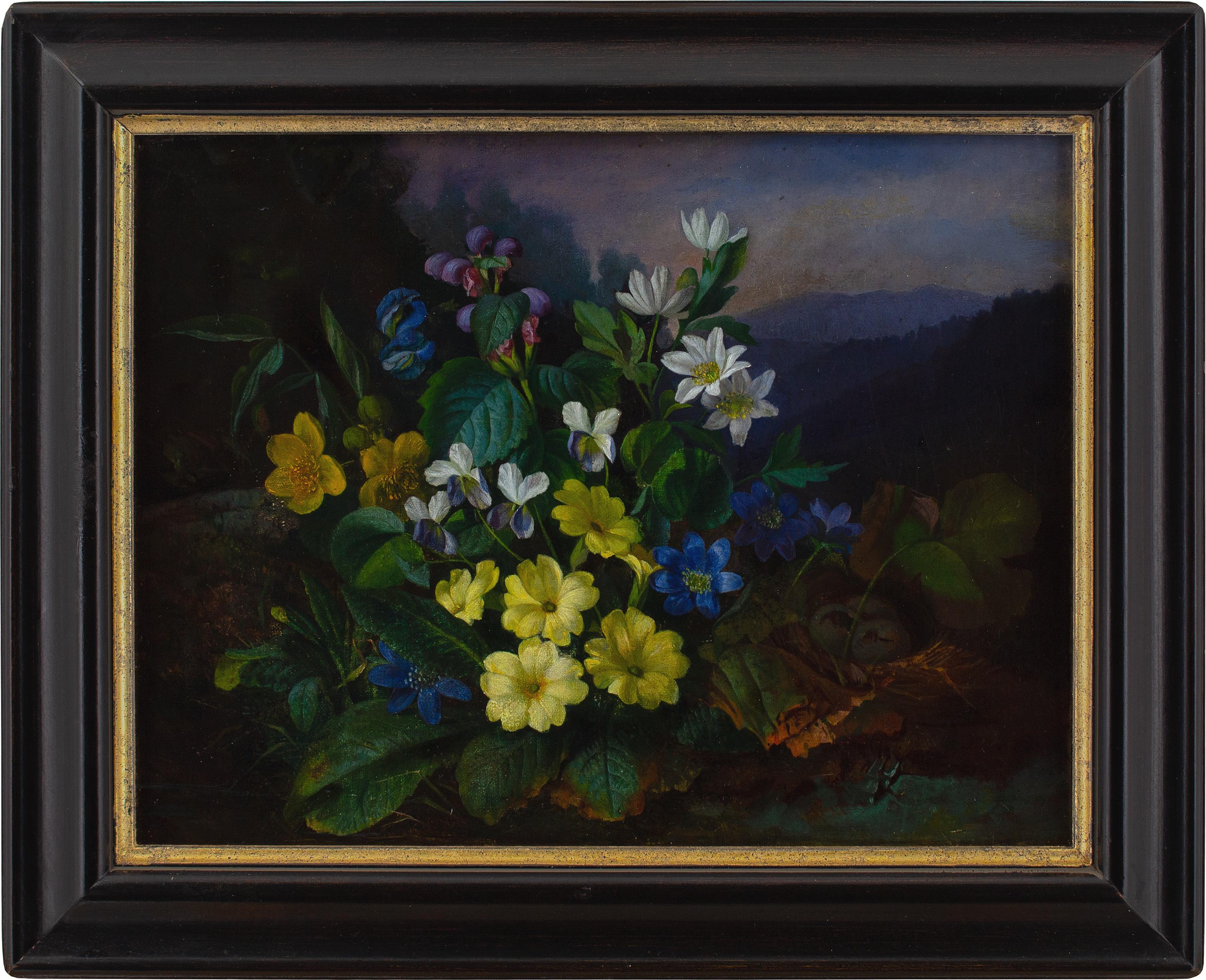 Cette magnifique peinture à l
huile autrichienne du milieu du XIXe siècle représente une nature morte avec une abondance décorative de flore alpine et de fleurs vivantes. Il est signé Petter en bas à droite.

Émergeant du sol de la forêt, avec des