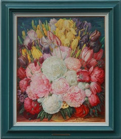 Franz Xaver Unterseher Oil Painting "Still Life with Peonys and Tulips", 1947