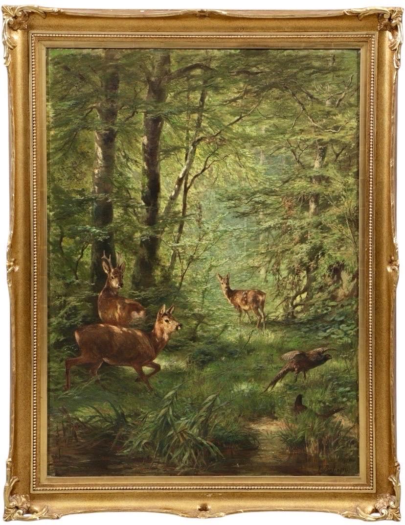 Large 19th century oil - Deer family in a forest landscape - Castle provenance - Painting by Franz Xaver von Pausinger