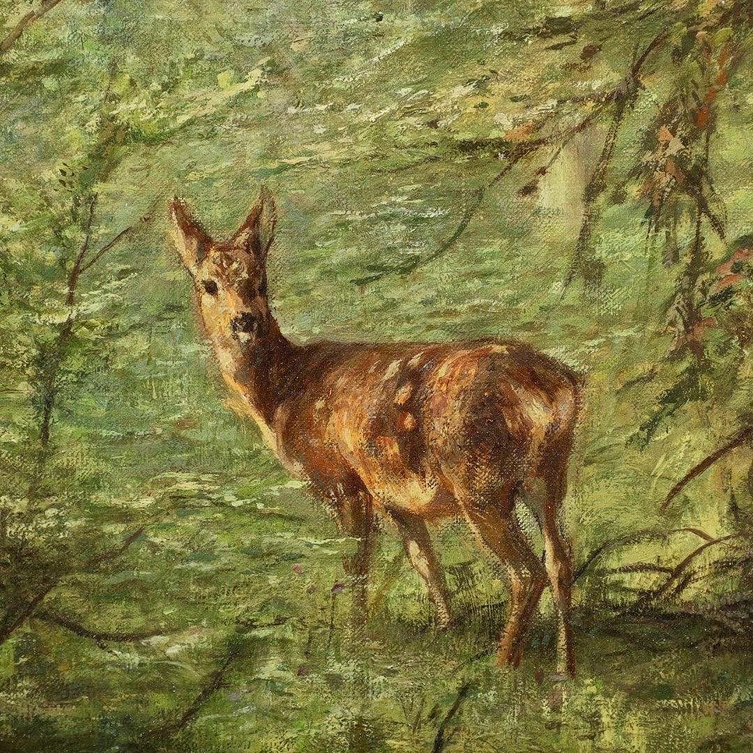 Large 19th century oil - Deer family in a forest landscape - Castle provenance - Romantic Painting by Franz Xaver von Pausinger