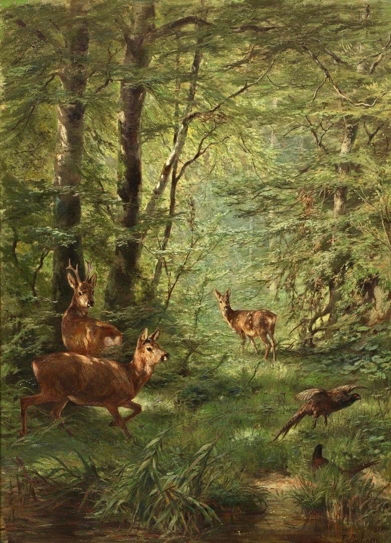Franz Xaver von Pausinger Landscape Painting - Large 19th century oil - Deer family in a forest landscape - Castle provenance