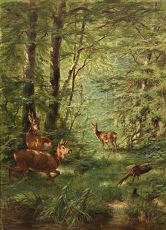 Large 19th century oil - Deer family in a forest landscape - Castle provenance