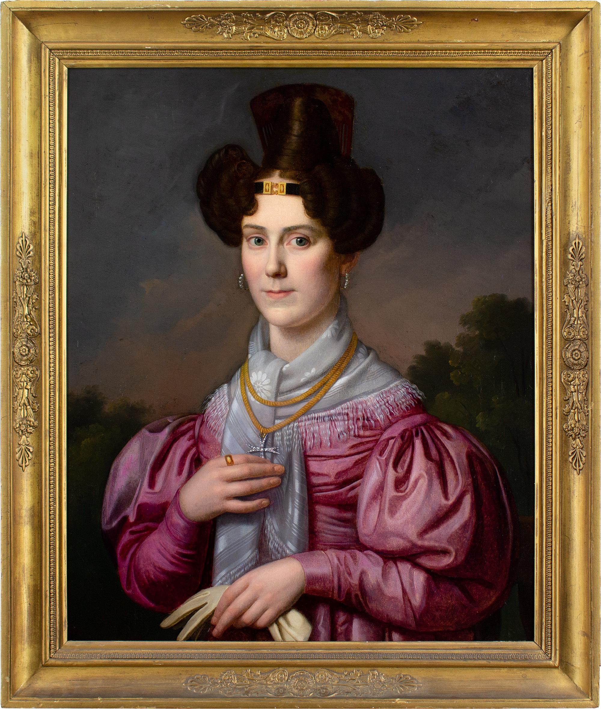 This charming early 19th-century oil painting by an artist influenced by Franz Xaver Winterhalter (1805-1873) depicts a lady wearing a pink dress with gigot sleeves and a crucifix. She’s holding a glove.

Attired in exquisite fineries, this is