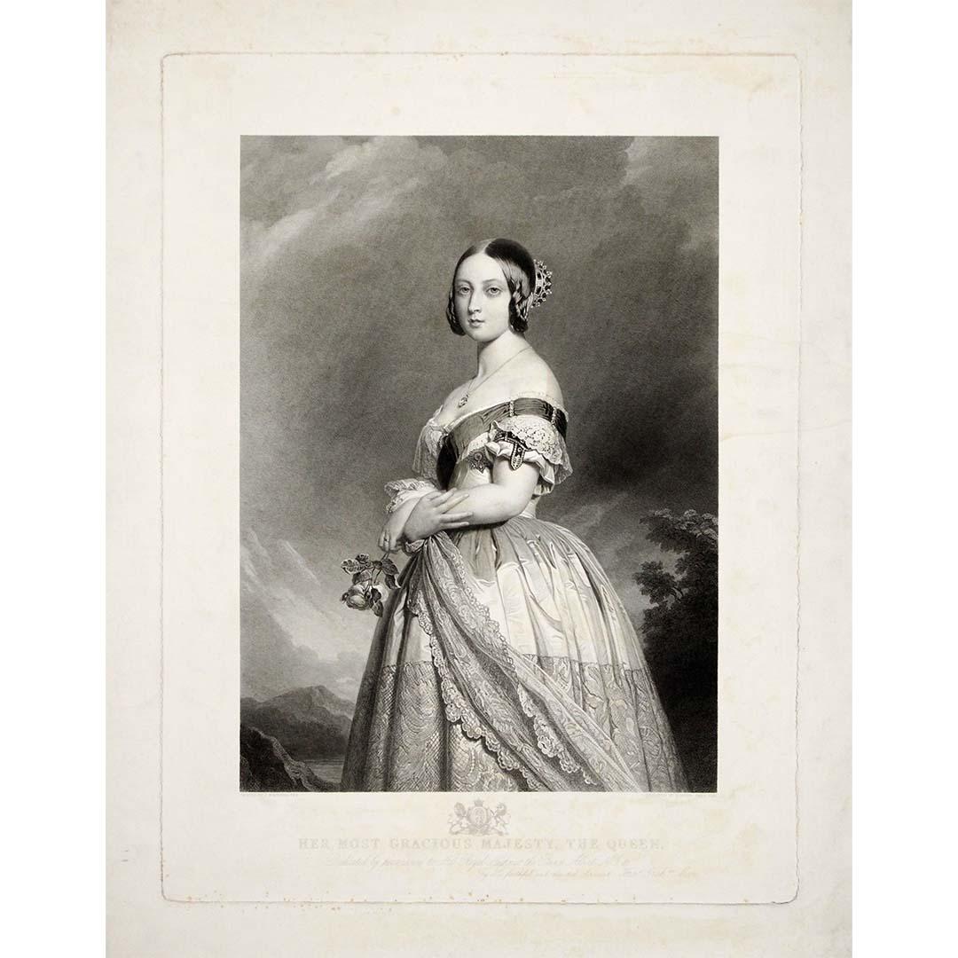 This striking 19th-century engraving presents Queen Victoria in all the grace and refinement that defined her early reign. Based on the renowned portrait by Franz Xaver Winterhalter, court painter to royalty across Europe, the composition captures
