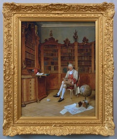 Genre oil painting of a gentleman reading in a library
