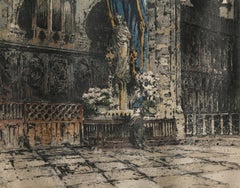 Paris, Interieur Notre Dame, Romantic Etching by Franz Xaver Wolf