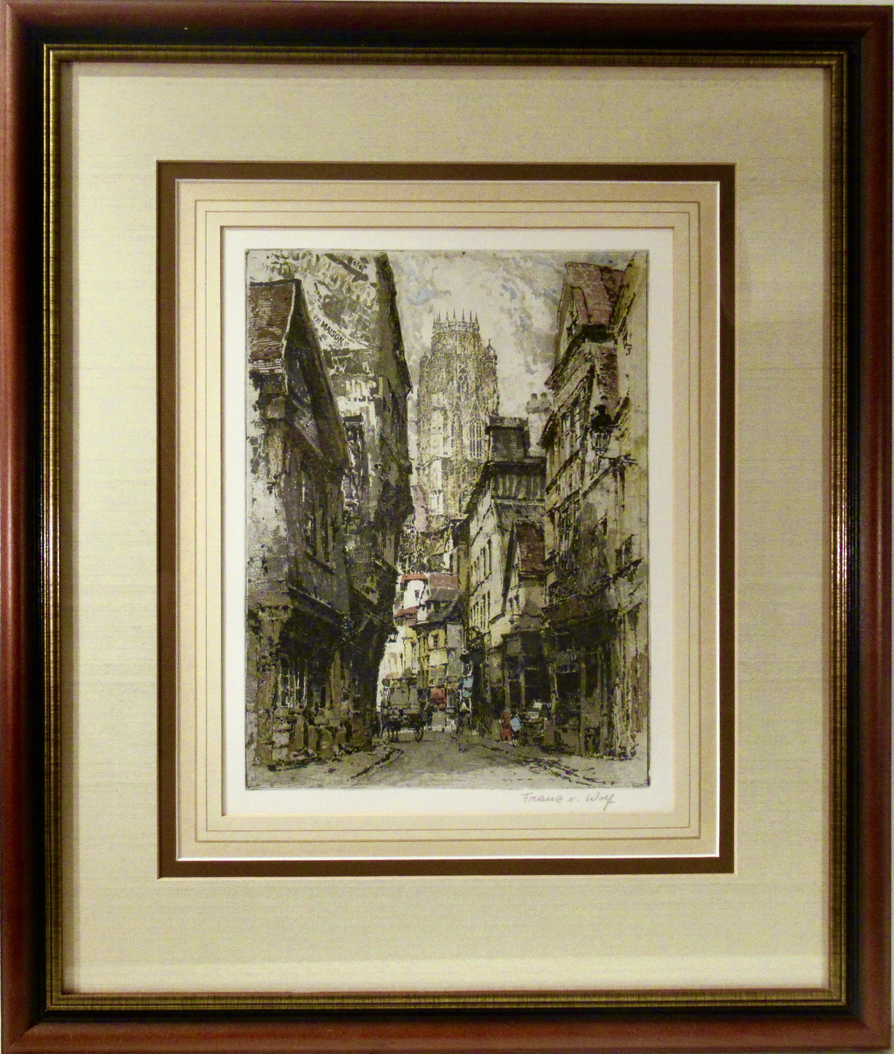 Figurative Print di Franz Xaver Wolf - Rouen, Francia, Via della città vecchia