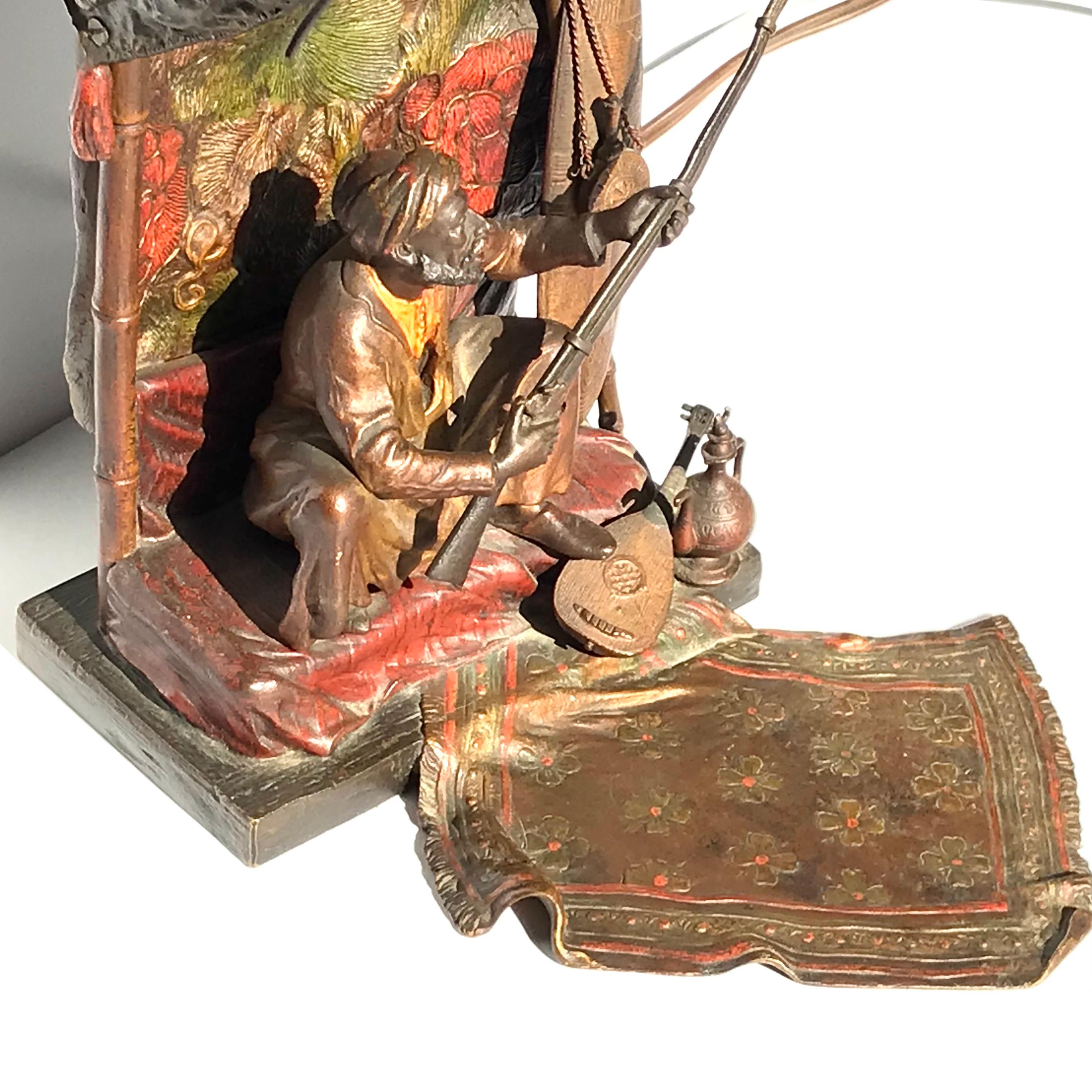 Franz Xavier Bergman (1861-1936) Cold Painted Bronze Table Lamp In Excellent Condition For Sale In Dallas, TX