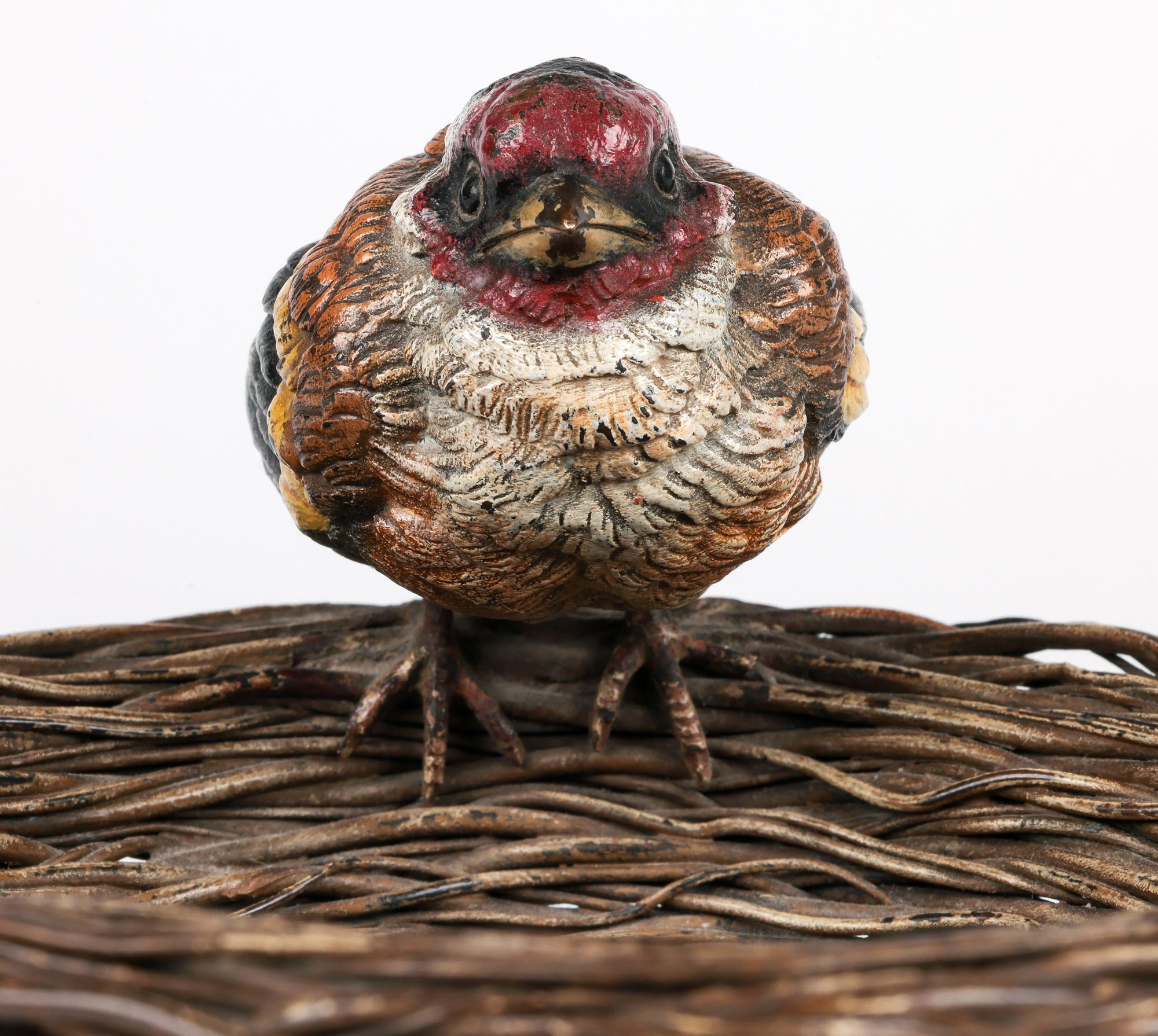 Franz Xavier Bergmann Bronze Cold Painted Bird on Nest Figure Bowl 4