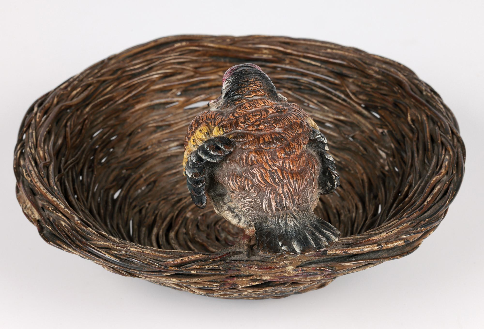 Franz Xavier Bergmann Bronze Cold Painted Bird on Nest Figure Bowl 10