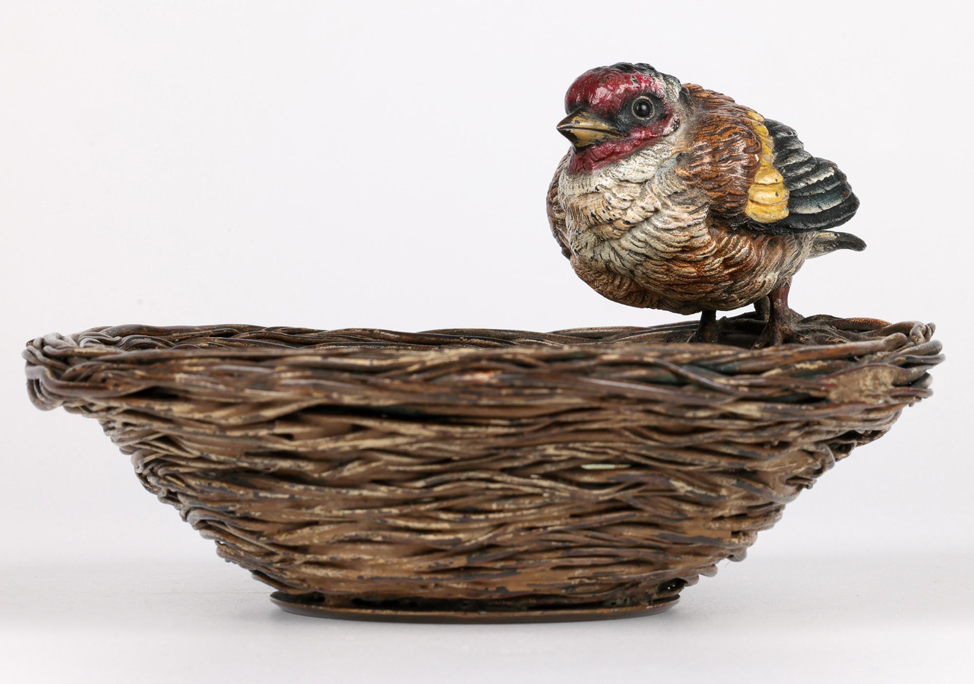 Franz Xavier Bergmann Bronze Cold Painted Bird on Nest Figure Bowl 12