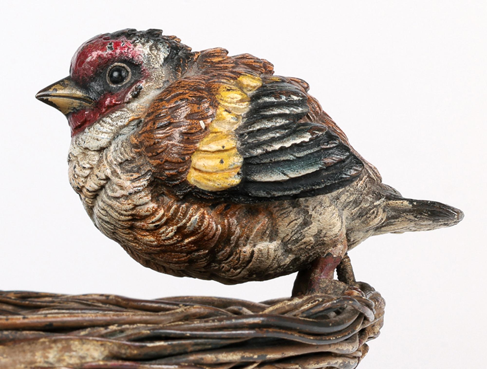 A stunning Viennese cold painted bronze of a bird perched on the side of a nest by renowned maker Franz Xaver Bergmann (Austrian, 1861-1936) and probably dating from the latter 19th century.

Franz Xaver Bergmann was a Viennese foundry owner who
