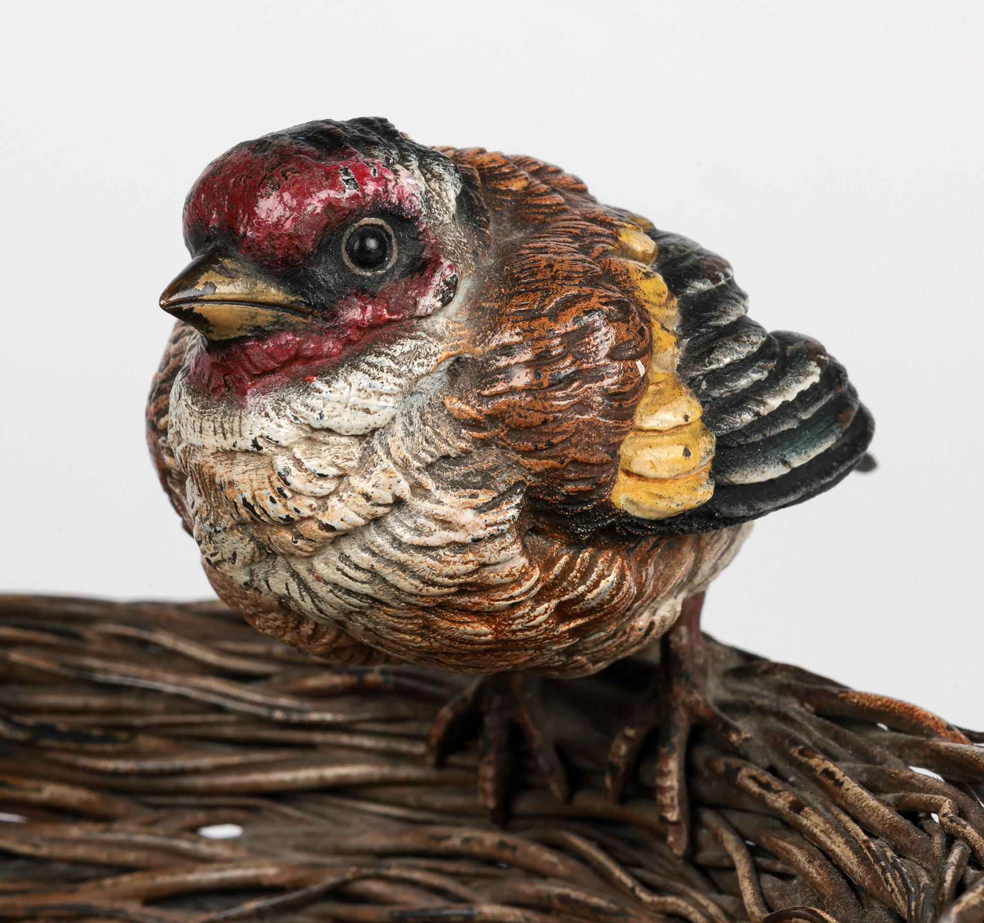 Austrian Franz Xavier Bergmann Bronze Cold Painted Bird on Nest Figure Bowl