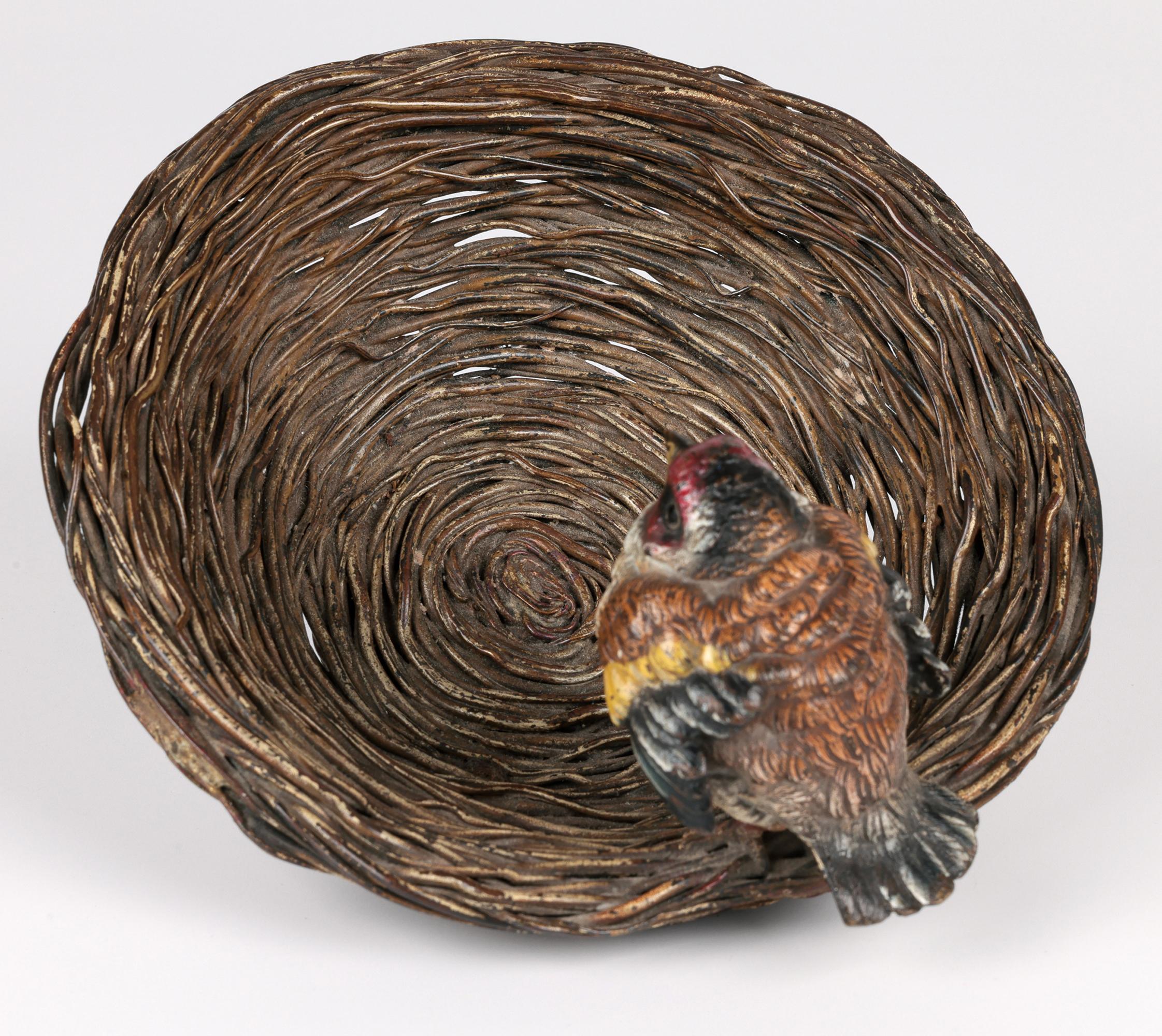 Cold-Painted Franz Xavier Bergmann Bronze Cold Painted Bird on Nest Figure Bowl