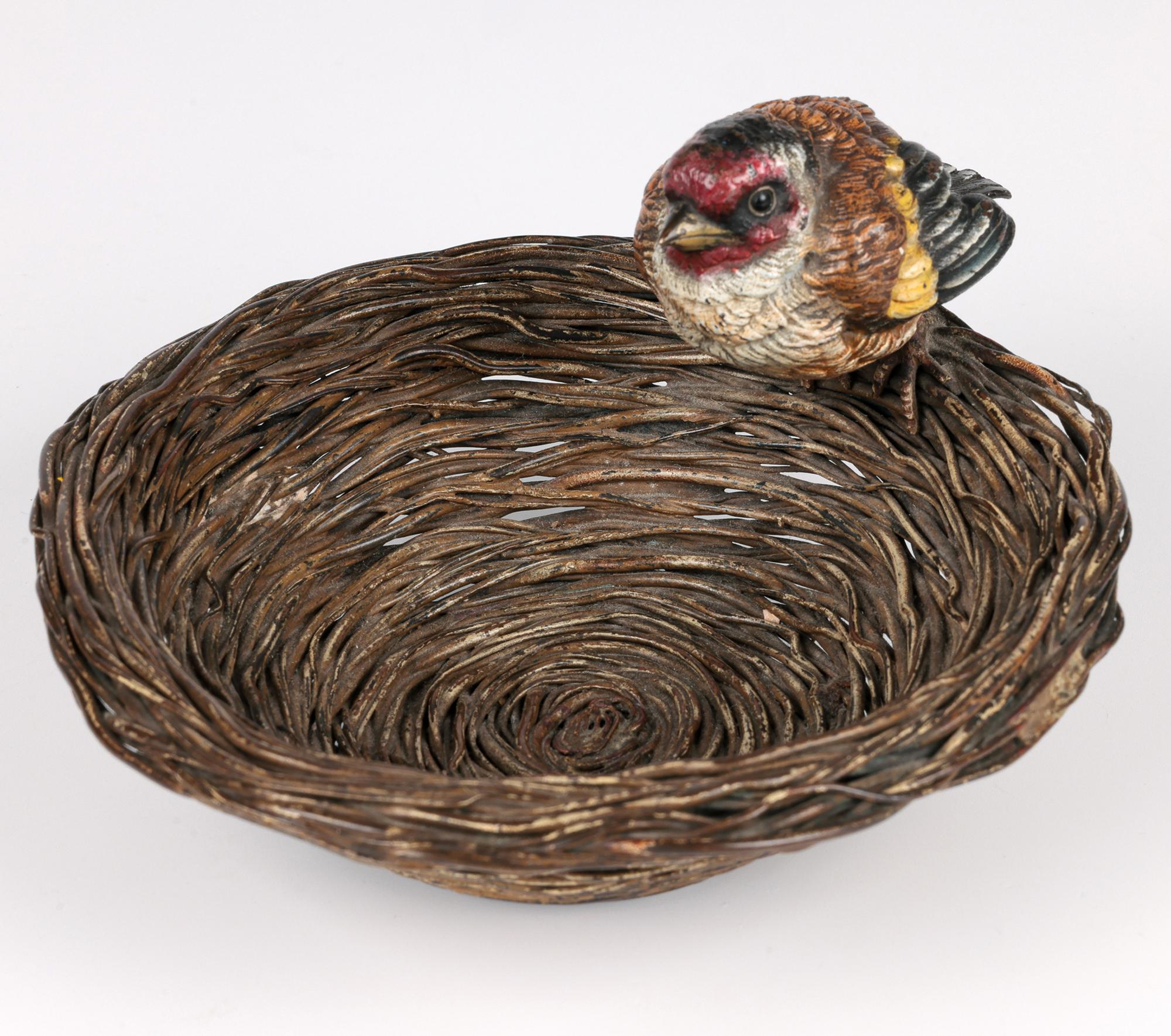 Late 19th Century Franz Xavier Bergmann Bronze Cold Painted Bird on Nest Figure Bowl