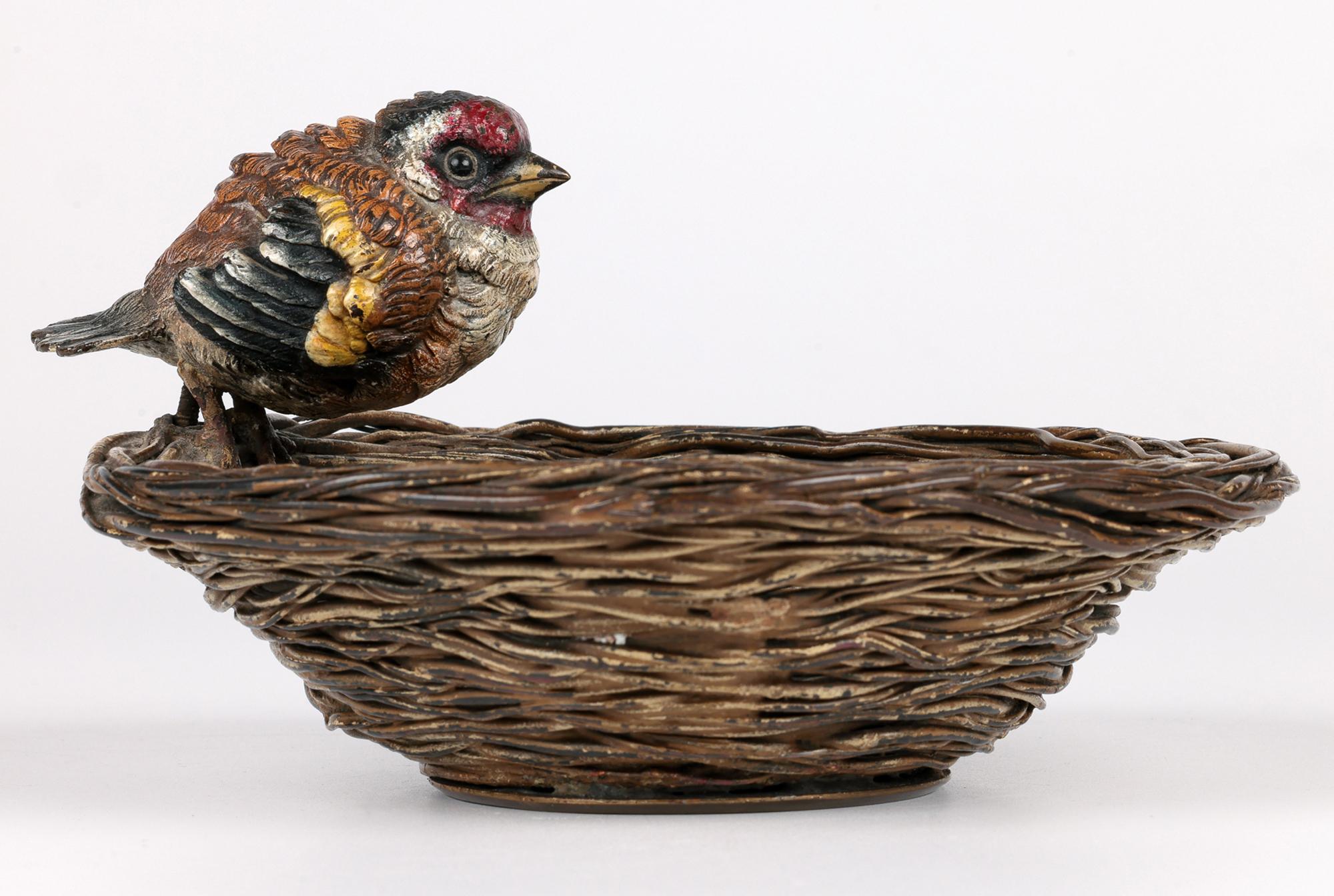 Franz Xavier Bergmann Bronze Cold Painted Bird on Nest Figure Bowl 2