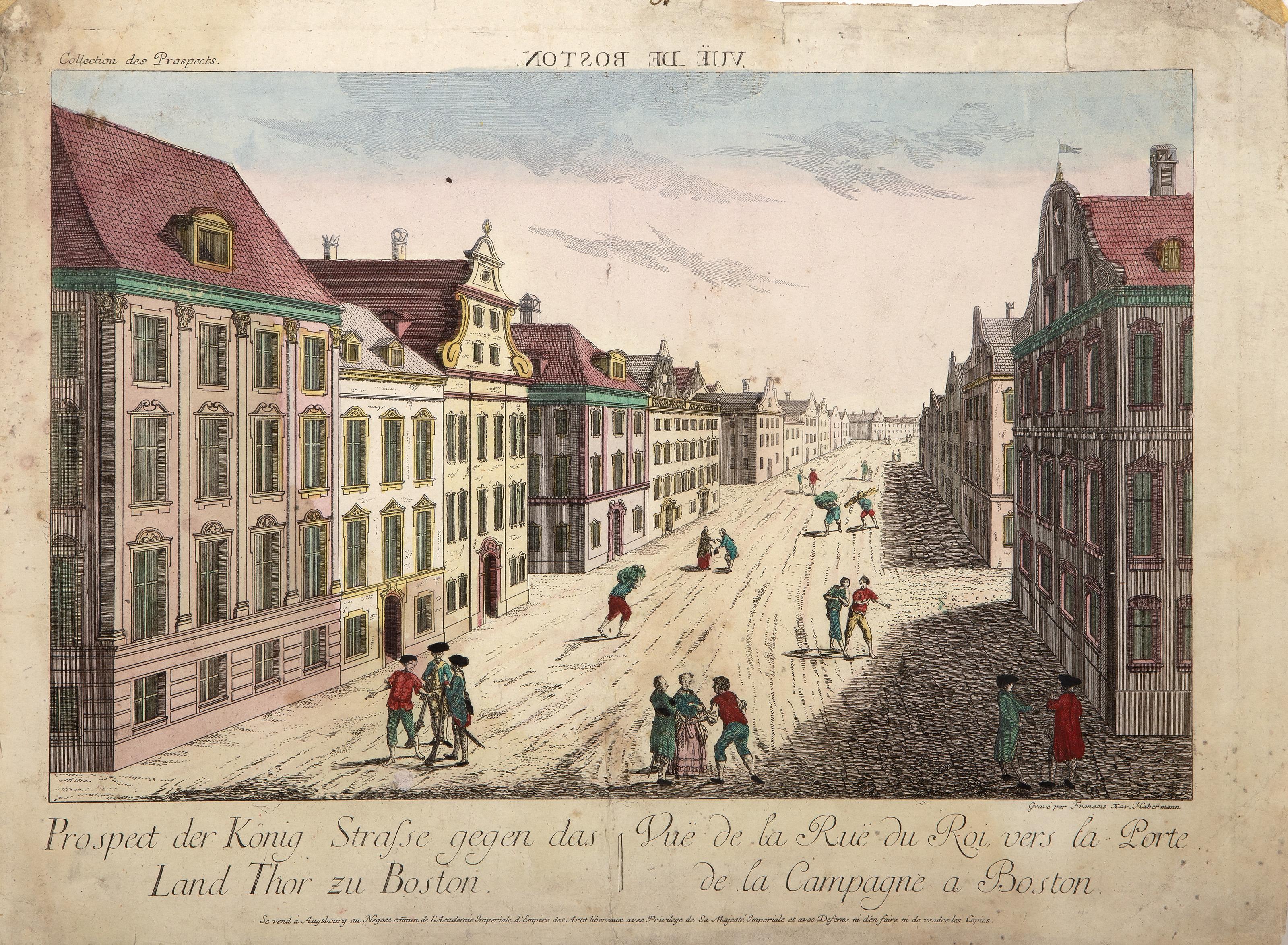Vue de Boston, American Realist Hand colored engraving by Franz Xavier Habermann