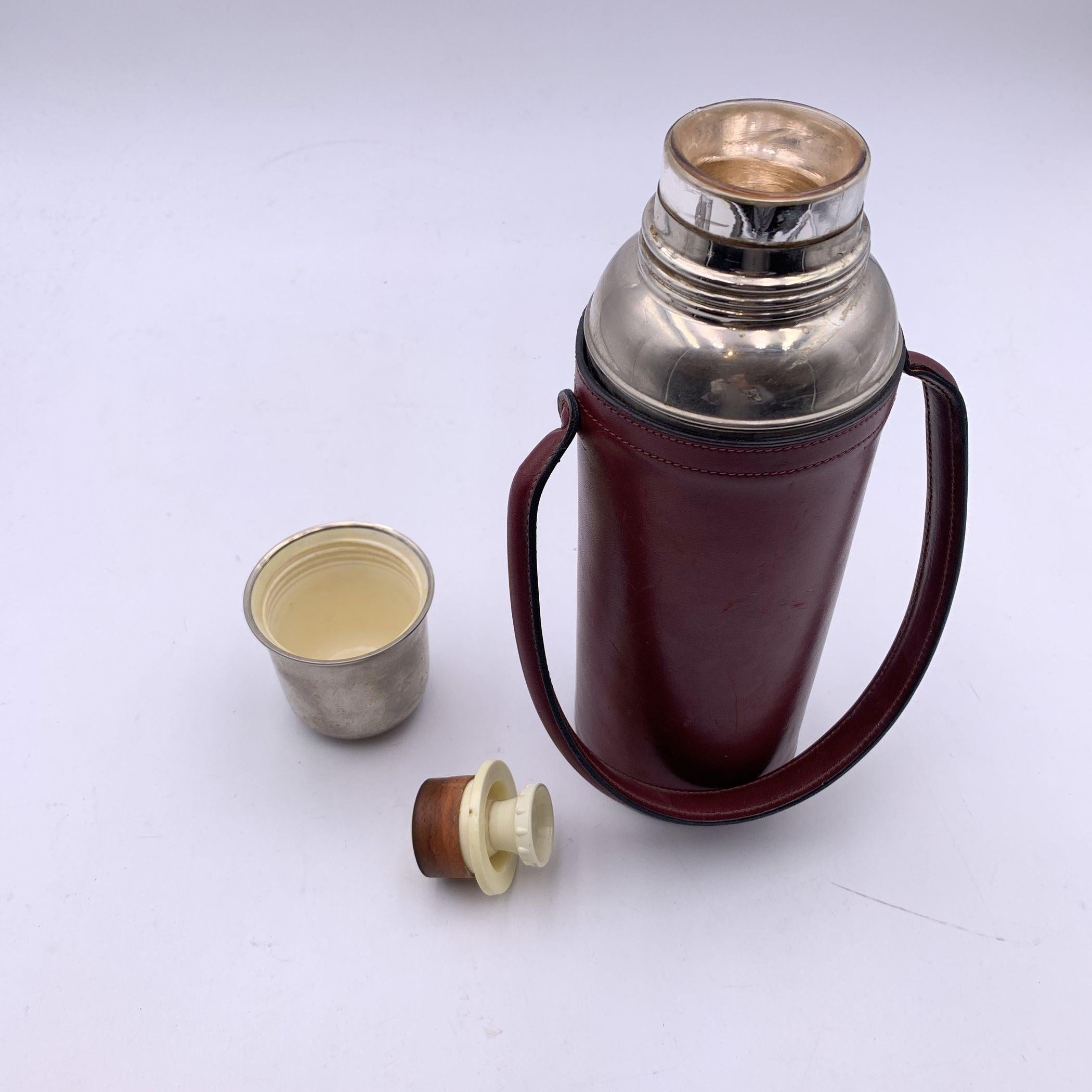 Franzi Vintage Burgundy Leather Silver Metal Thermos Vacuum Flask In Good Condition For Sale In Rome, Rome