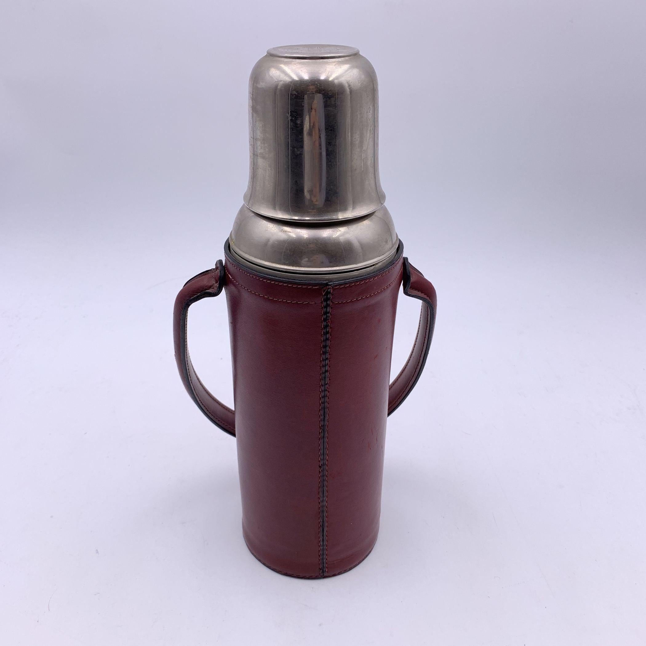Franzi Vintage Burgundy Leather Silver Metal Thermos Vacuum Flask For Sale 2