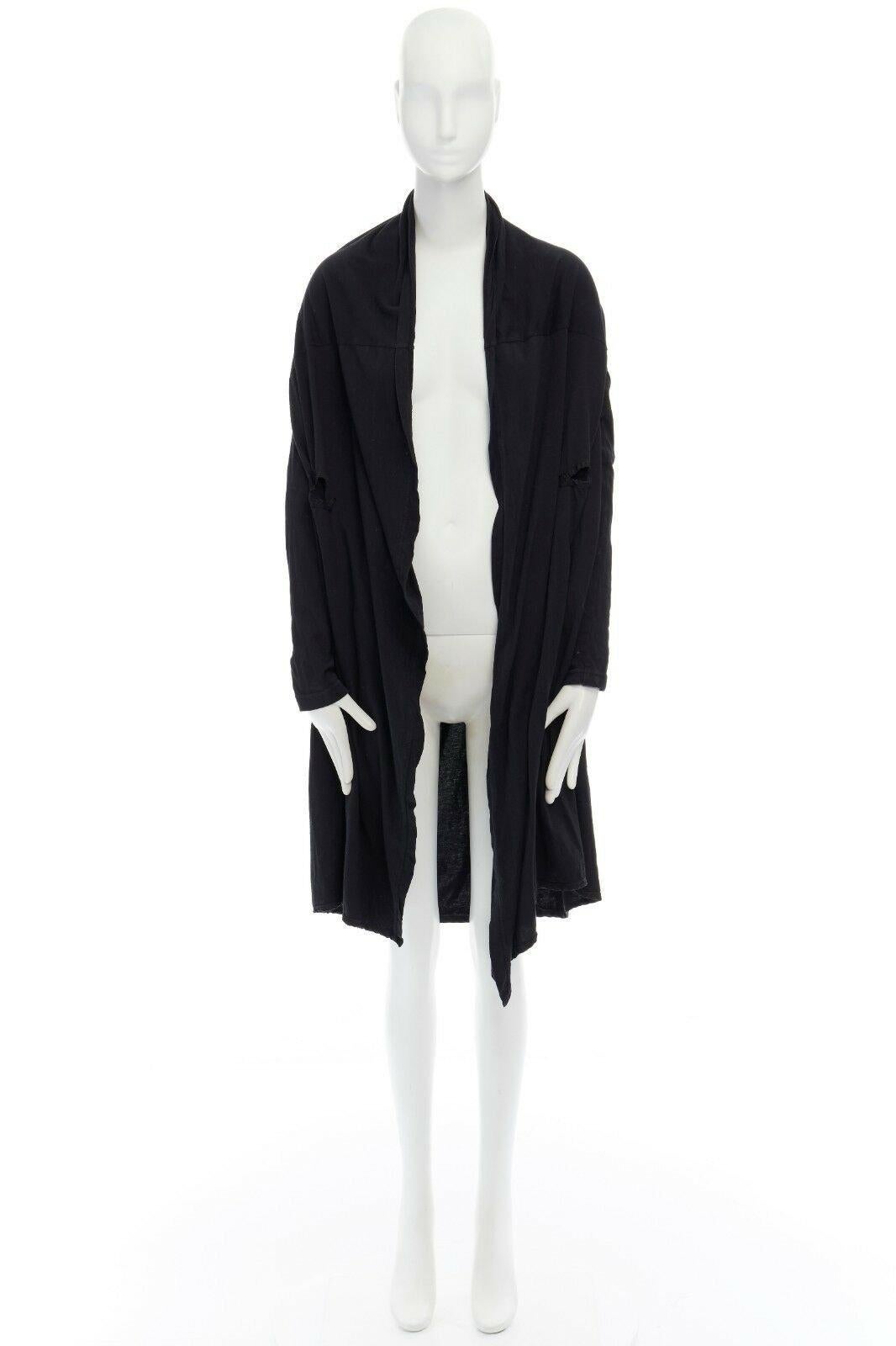 FRAPBOIS JAPAN black cotton long length draped cardigan jacket JP1 S 
Reference: EACN/A00072 
Brand: Frapbois 
Material: Cotton 
Color: Black 
Pattern: Solid 
Closure: Zip 
Extra Detail: 100% wool. Black. Minimal pants. Concealed button and zip fly