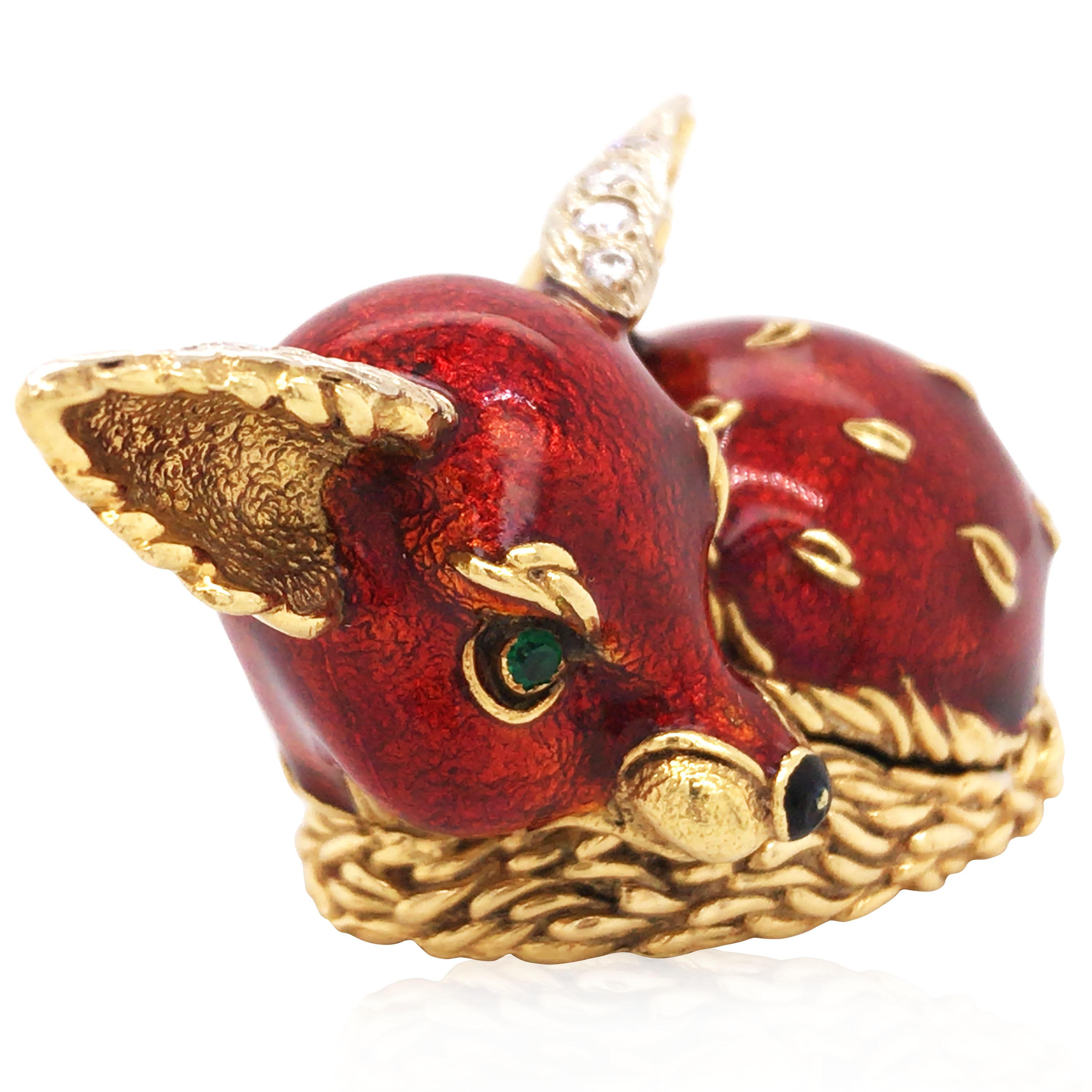 Mixed Cut Frascarolo, 18K Gold Diamond Emerald Enamel Deer Desk Clock For Sale