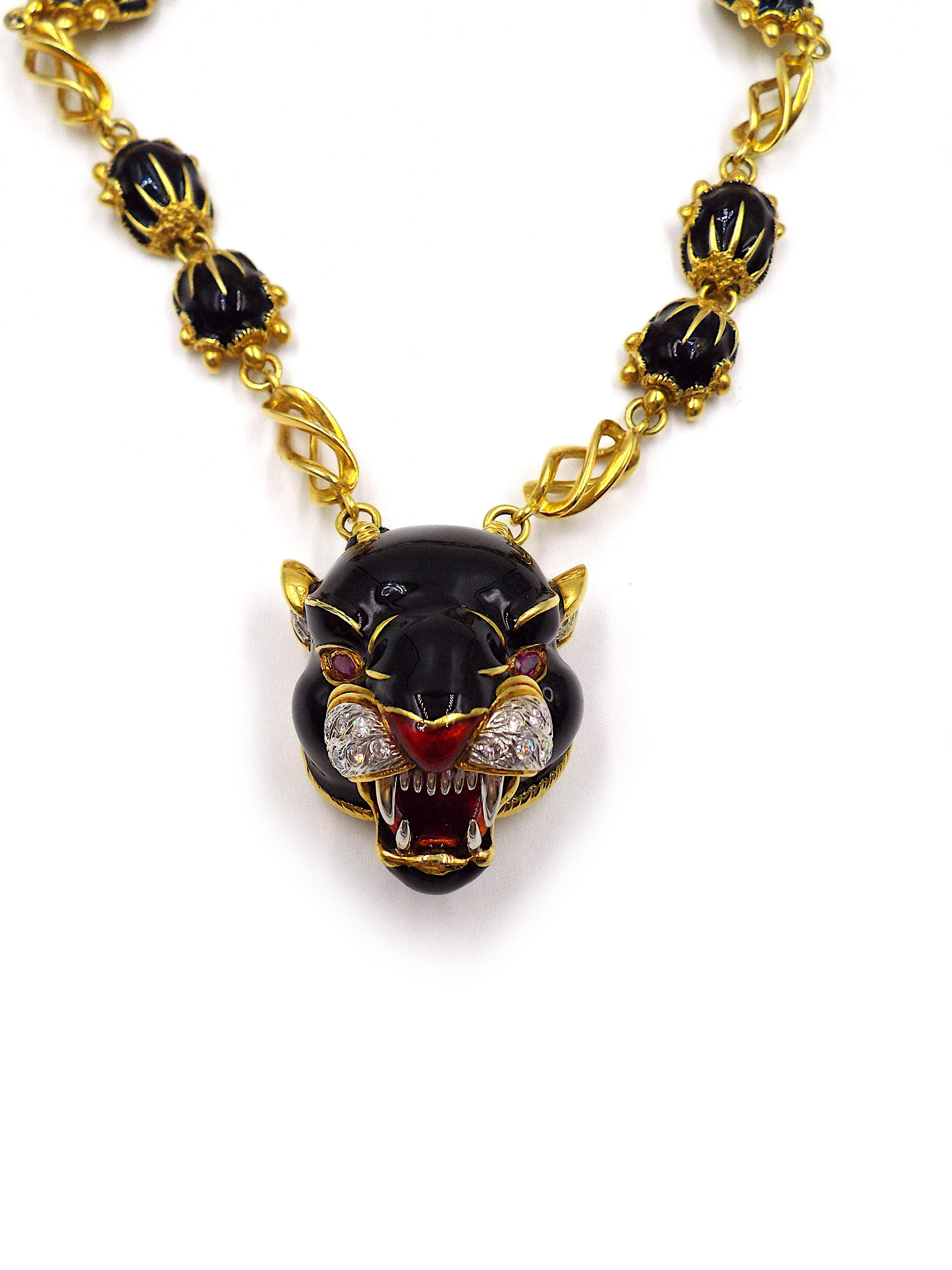 Frascarolo panther pendant sautoir in 18kt yellow gold with diamonds and black and red enamel, signed, with maker’s mark, approximately 133grs. Italy, circa 1970s.