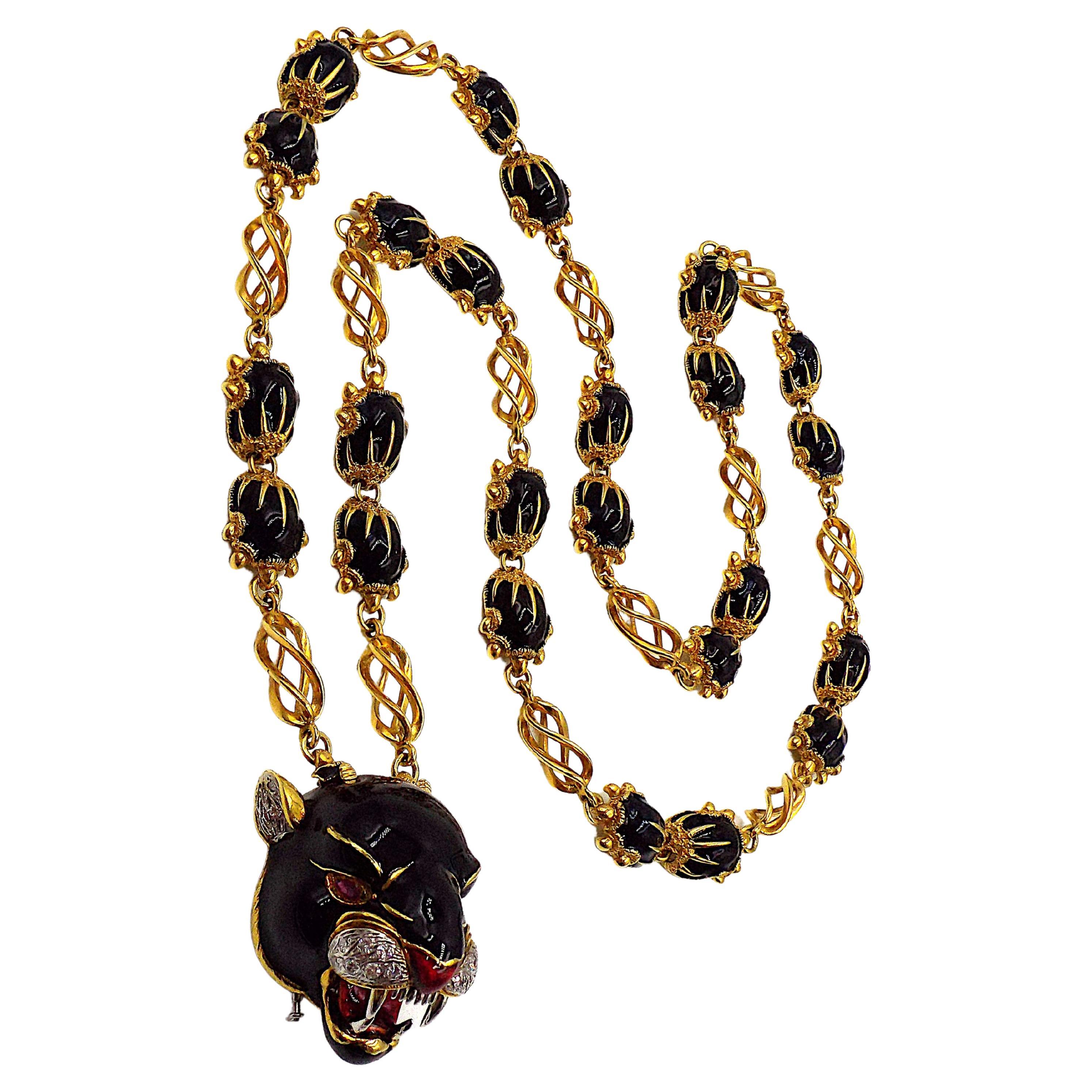 Frascarolo 18K Gold Enamel and Diamond Panther Necklace For Sale