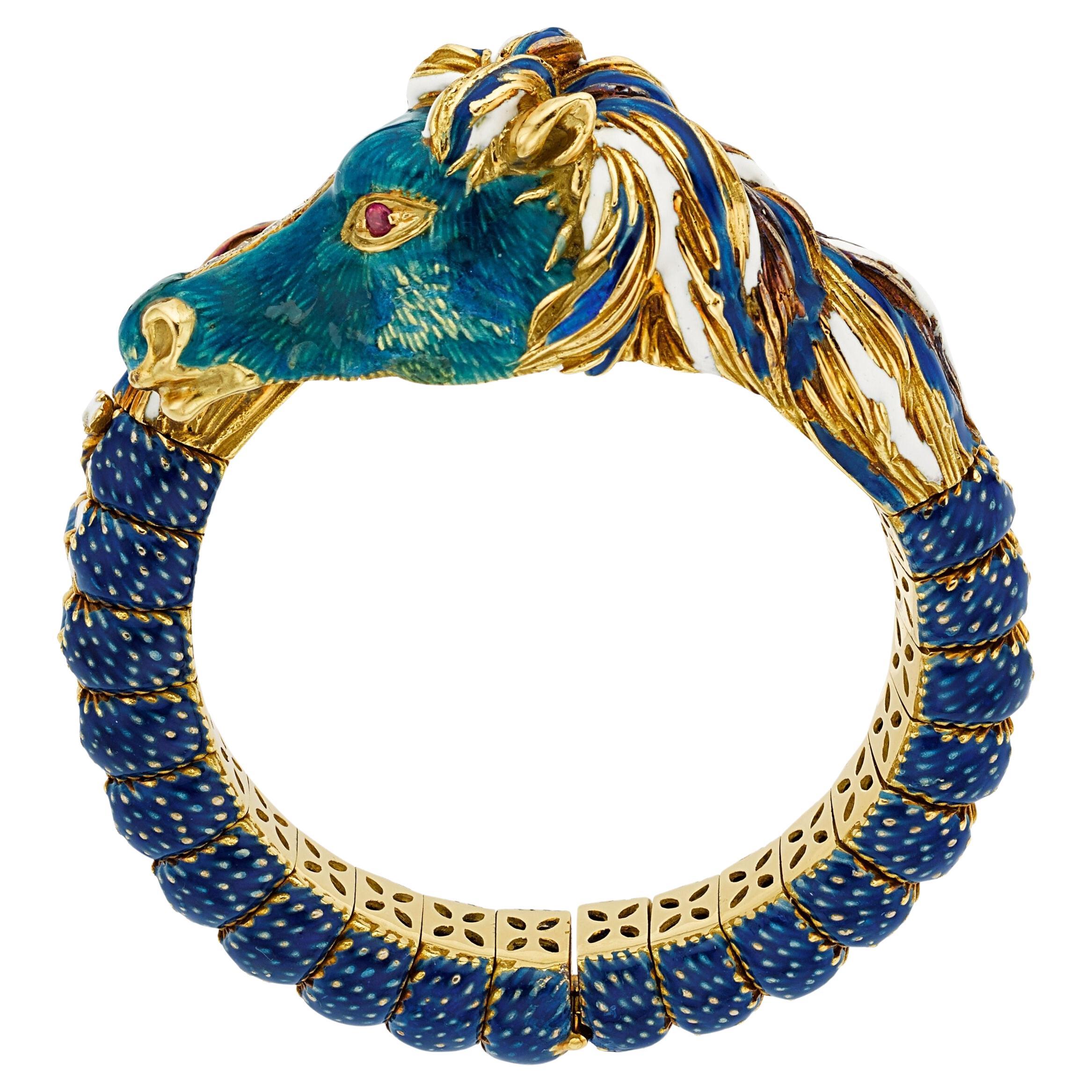 Frascarolo 18k Yellow Gold Diamond, Ruby, and Enamel Horse Bangle 1960s For Sale