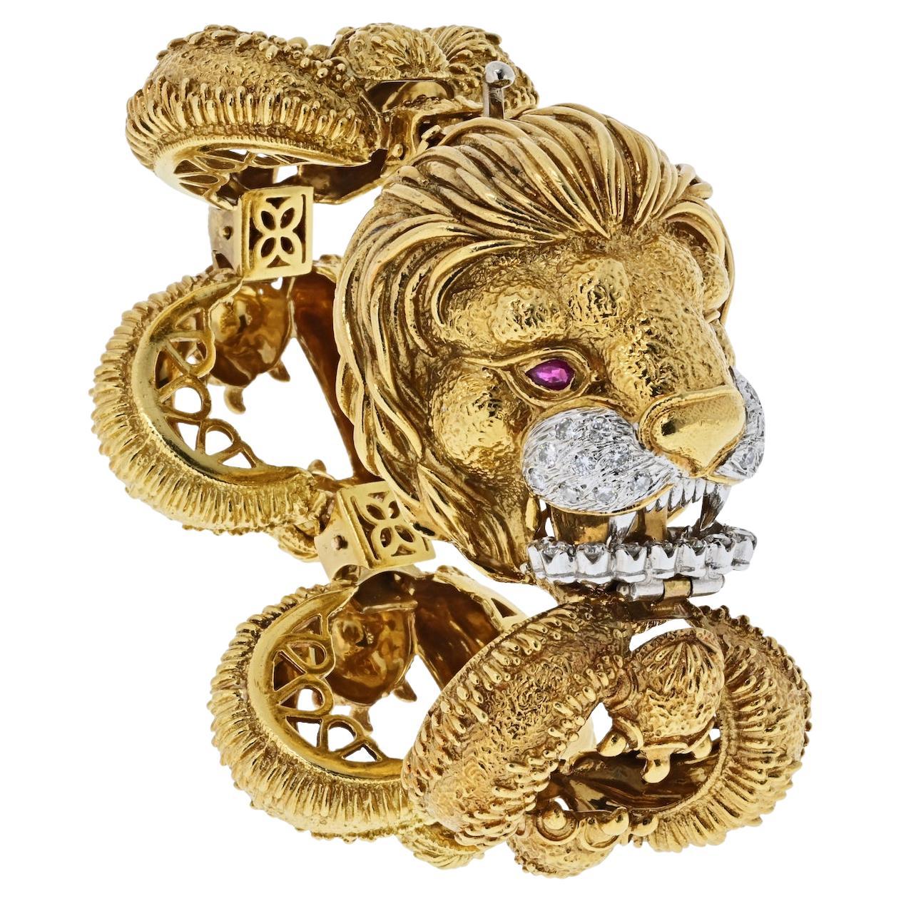 Frascarolo 18K Yellow Gold Solid Lion Head Diamond Link Bracelet