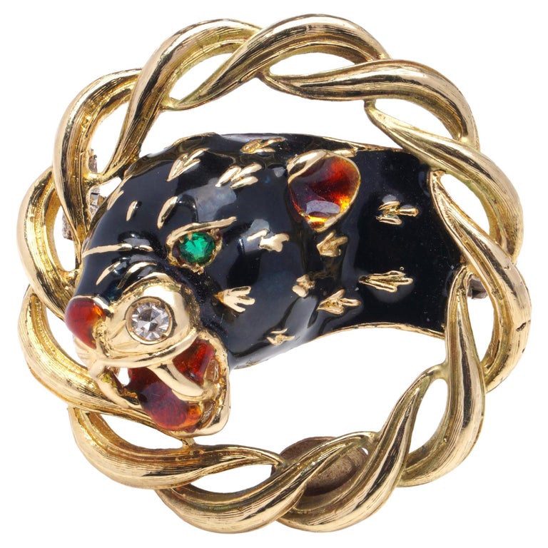 Broche Vintage Tête De Panthère - Métal Doré, émail Noir Et Strass - Années 80