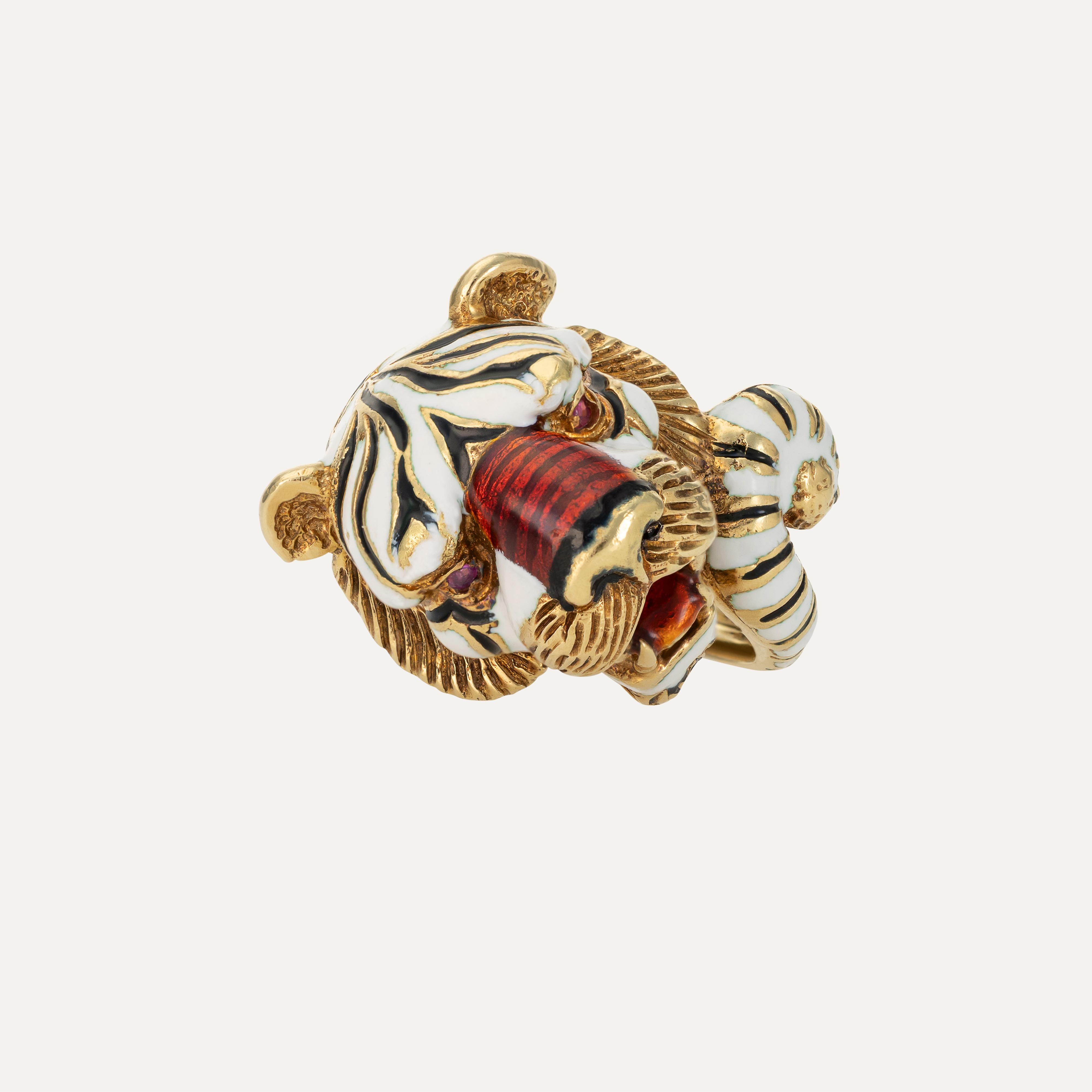 Frascarolo 18kt Gold Tiger Ring with Enamel and Rubies, Circa 1968 For ...