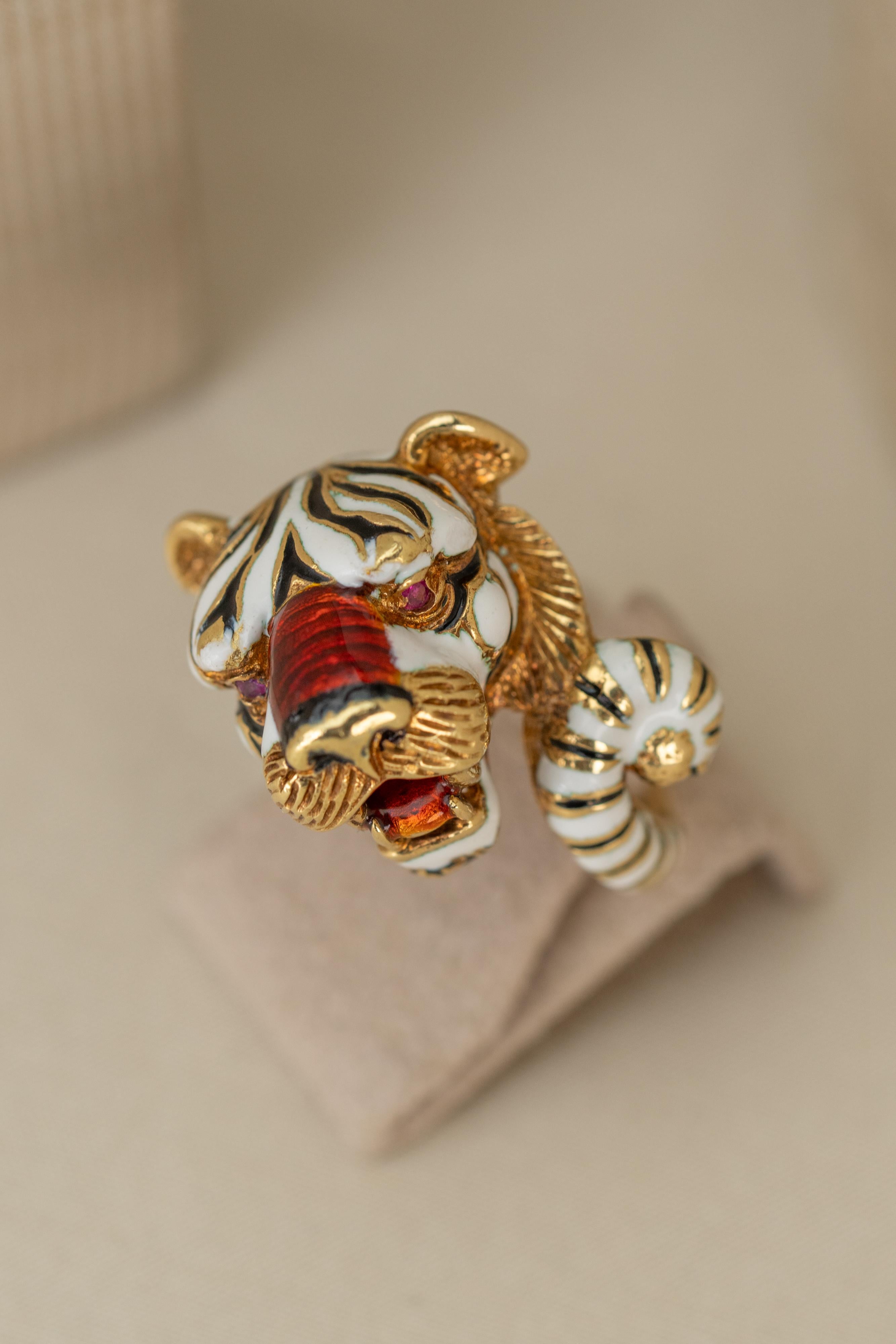 Frascarolo 18kt Gold Tiger Ring with Enamel and Rubies, Circa 1968 For ...