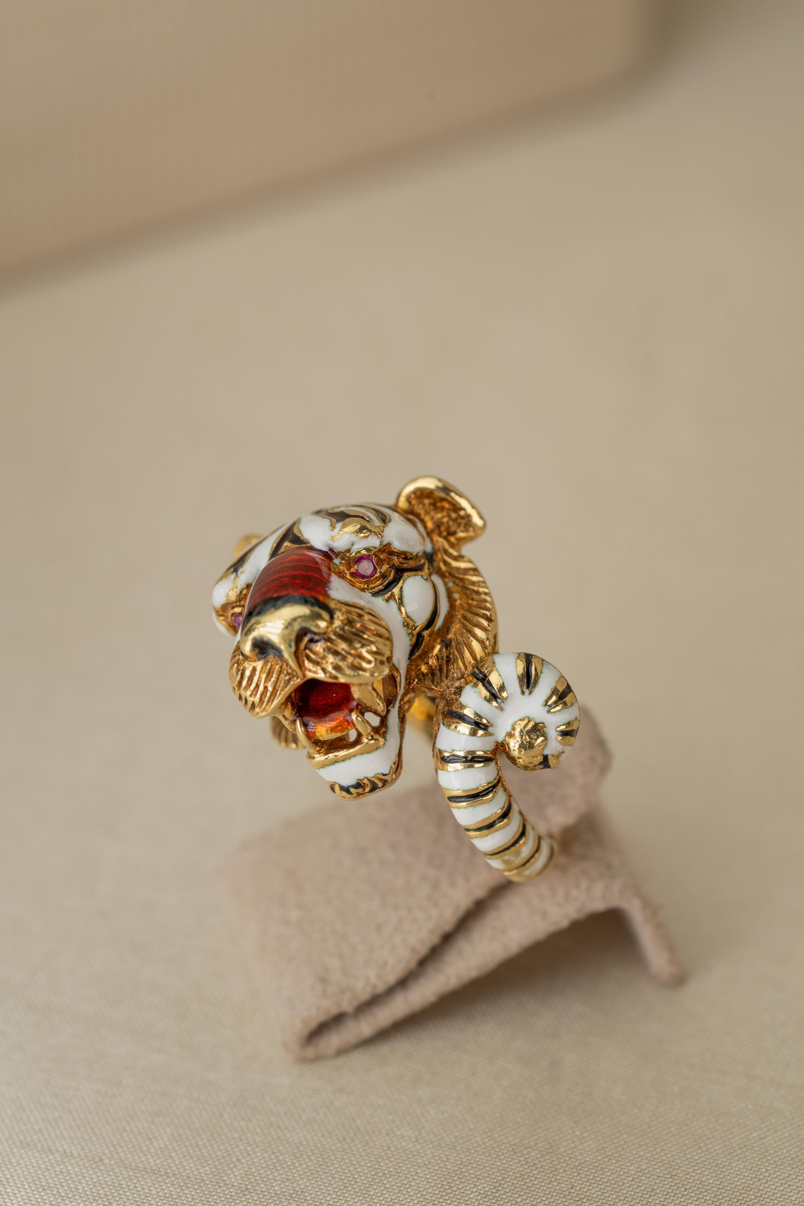 Frascarolo 18kt Gold Tiger Ring with Enamel and Rubies, Circa 1968 For ...